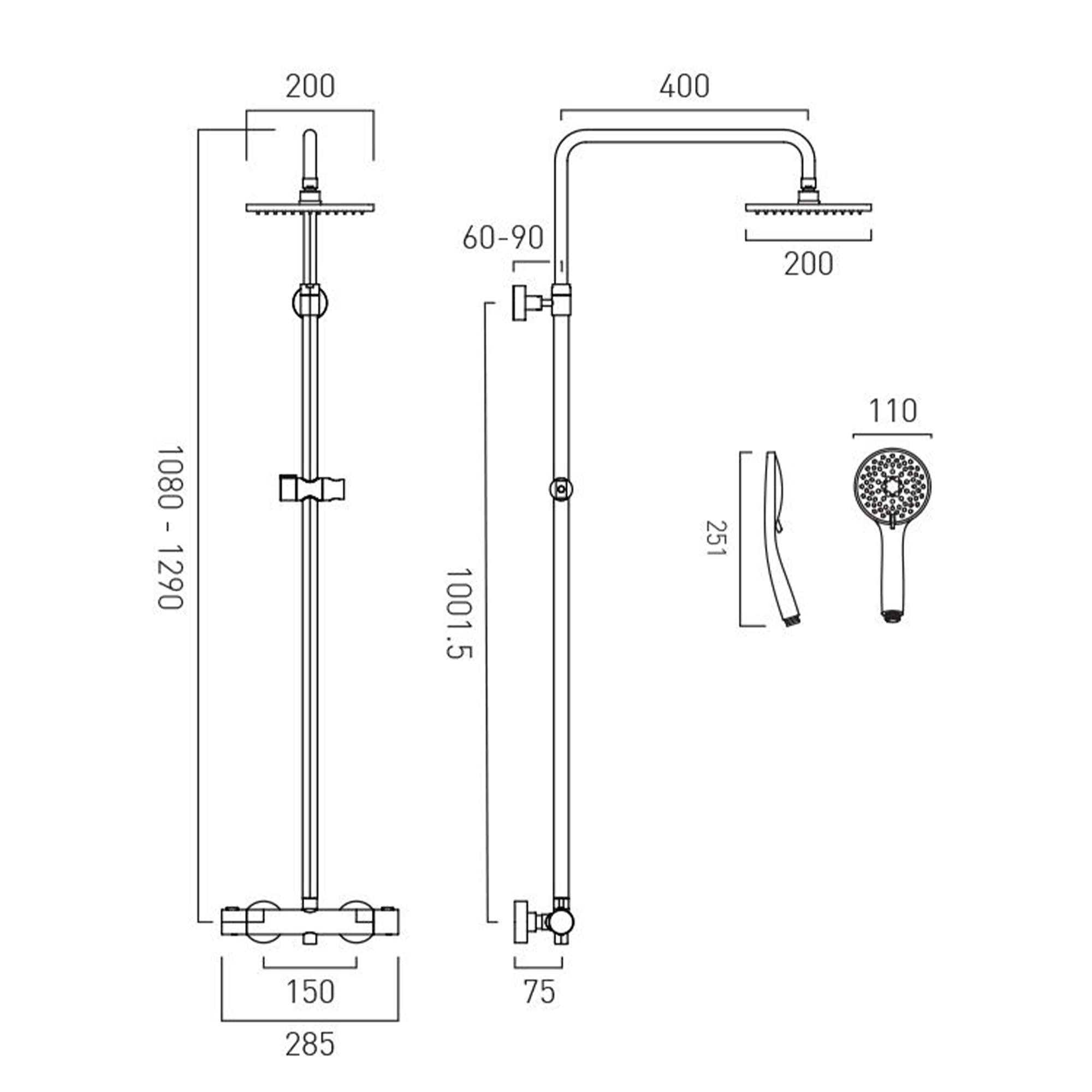 Vado Velo Atmosphere Round Thermostatic Shower Valve with Diverter & Adjustable Rigid Riser Kit