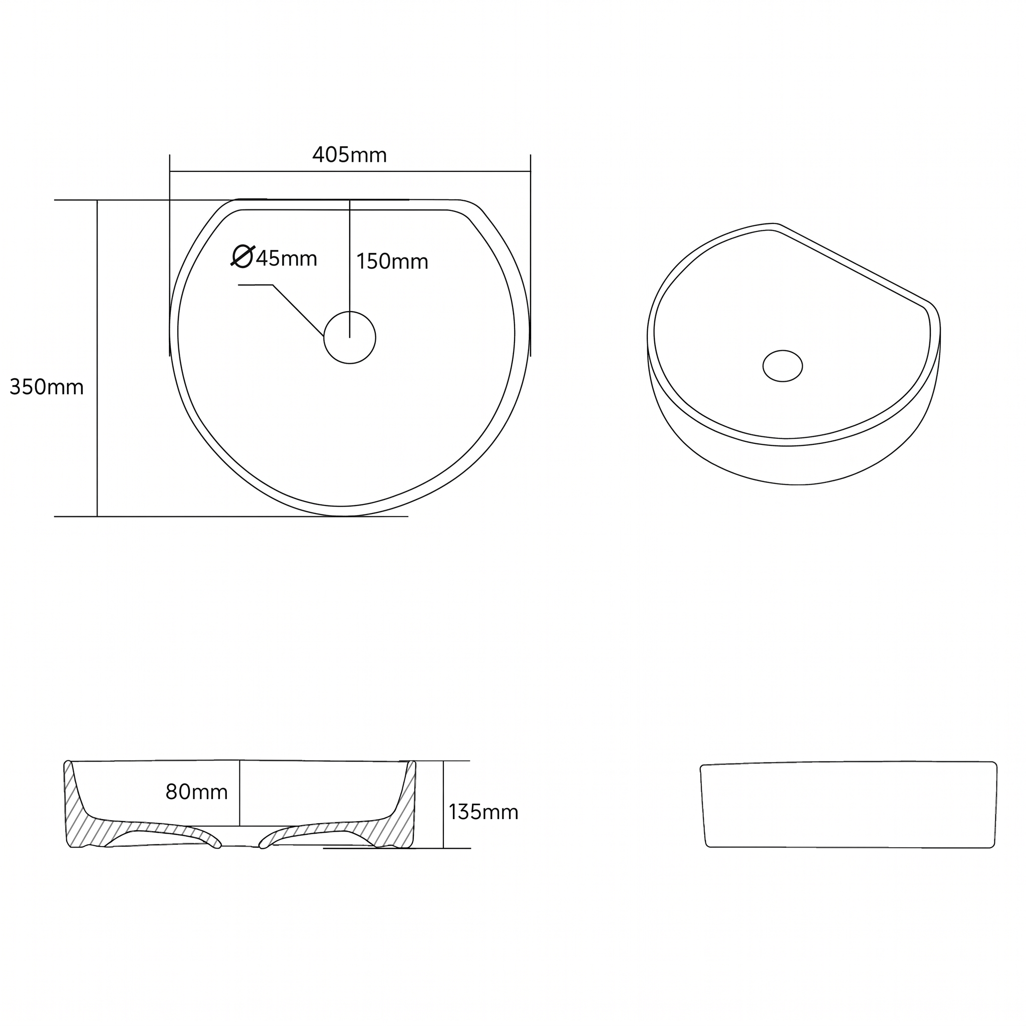 Segment Semi-Circle Countertop Basin - 405 x 350mm