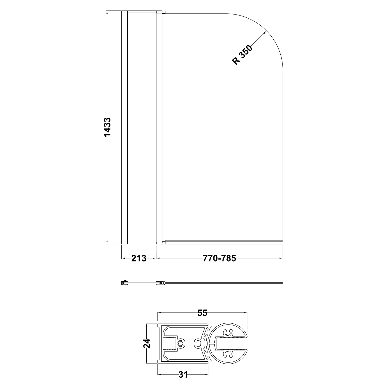 Drench Polished Chrome Curved Corner Bath Screen with Fixed Inline Panel - 1433 x 983mm