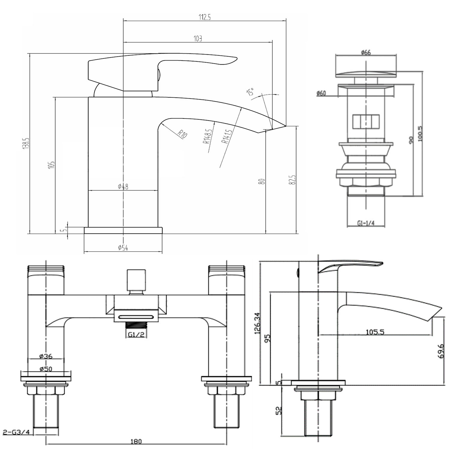 Vellamo Swift Matt Black Basin Mixer Tap & Waste and Deck Mounted Bath Mixer Tap