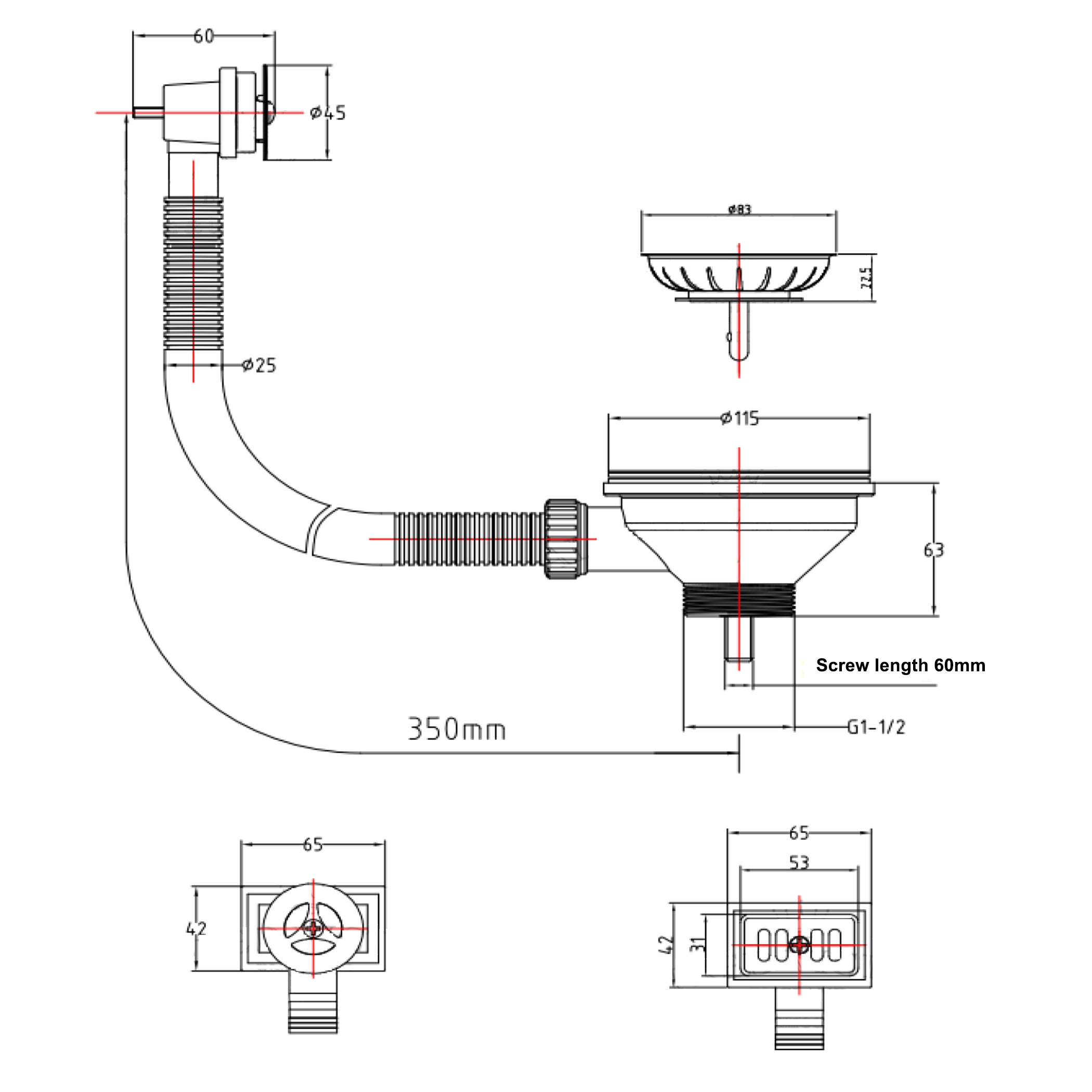 Butler & Rose 90mm Basket Strainer Kitchen Sink Waste, Overflow Pipework & Cover - Matt Black