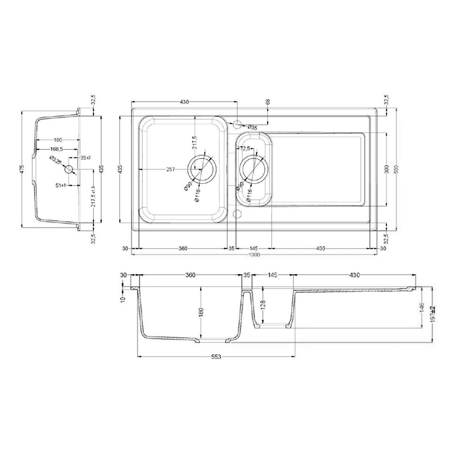 Rangemaster Loa 1.5 Bowl Igneous Granite Kitchen Sink with Reversible Drainer & Waste Kit - 1000 x 500mm
