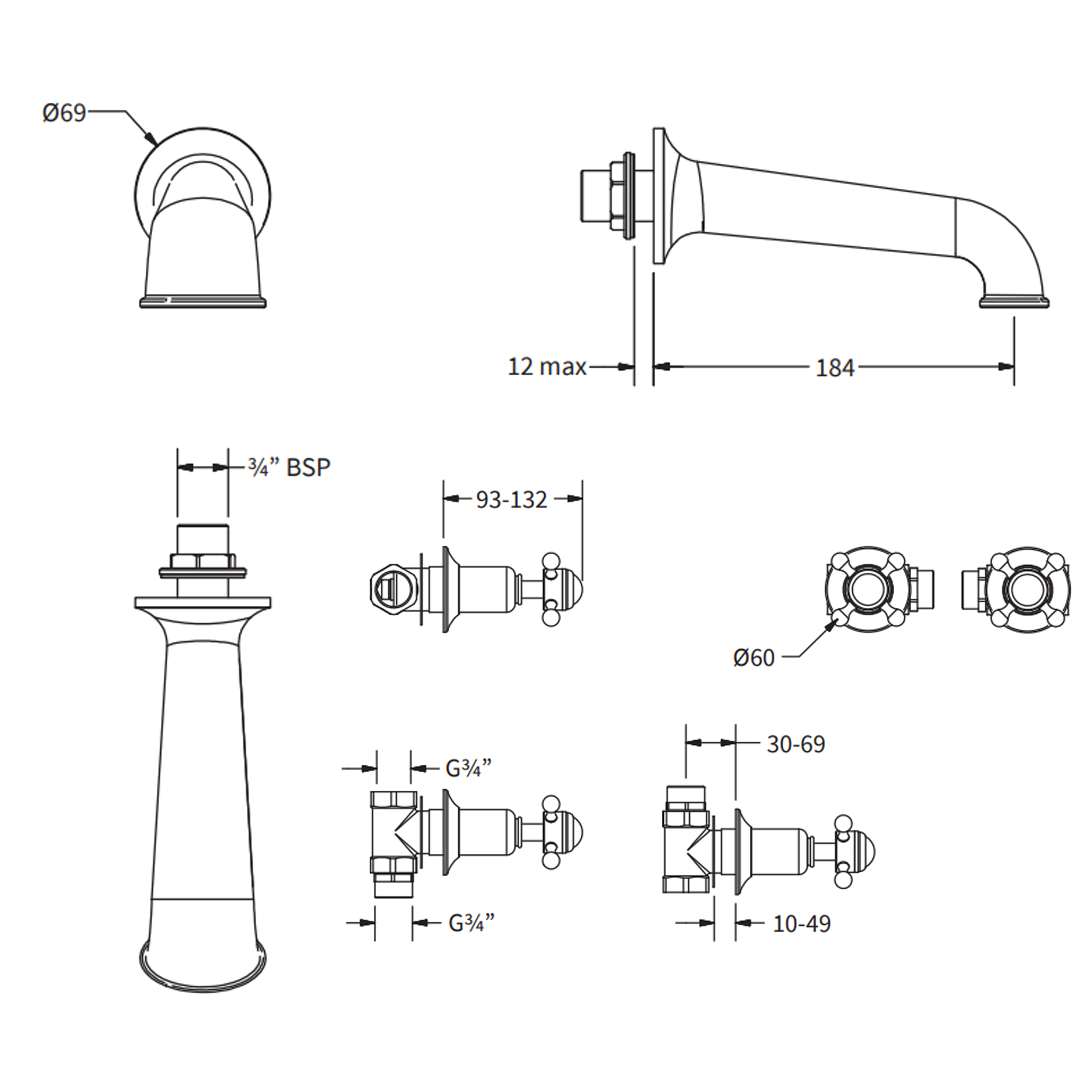 Crosswater Belgravia Crosshead Wall Mounted Bath Filler with Concealed Valves