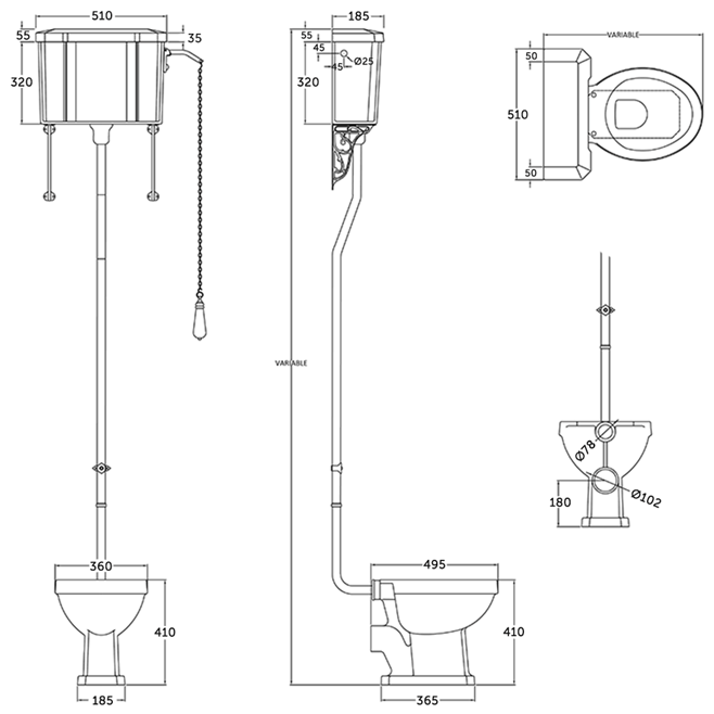 Butler & Rose Audrey Traditional High Level Toilet, Cistern & Flush Pipe Kit and Optional Seat
