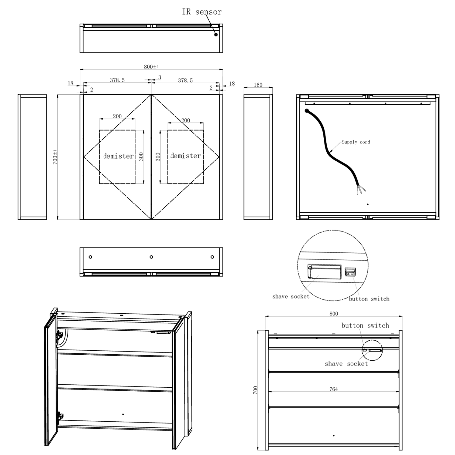 Harbour Icon Double Door LED Bathroom Mirror Cabinet with Demister Pad & Shaver Socket - 800 x 700mm