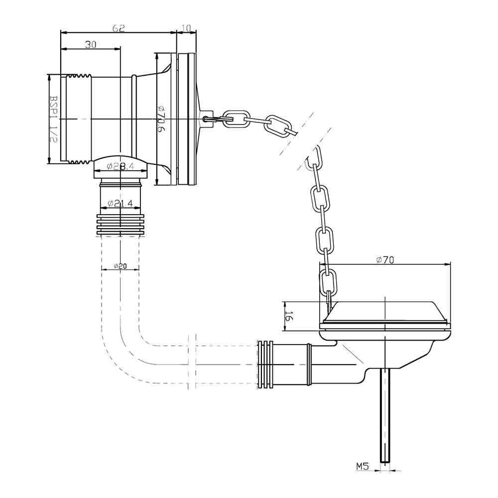 nuie Extended Plug & Chain Bath Waste with Overflow & Retainer