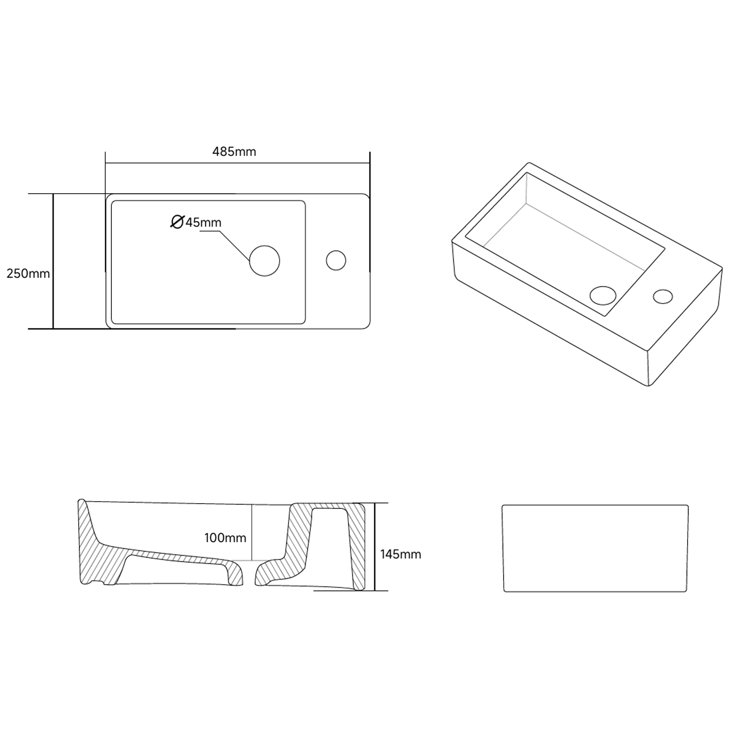 Poppy Wall Hung Cloakroom Basin - 485 x 250mm