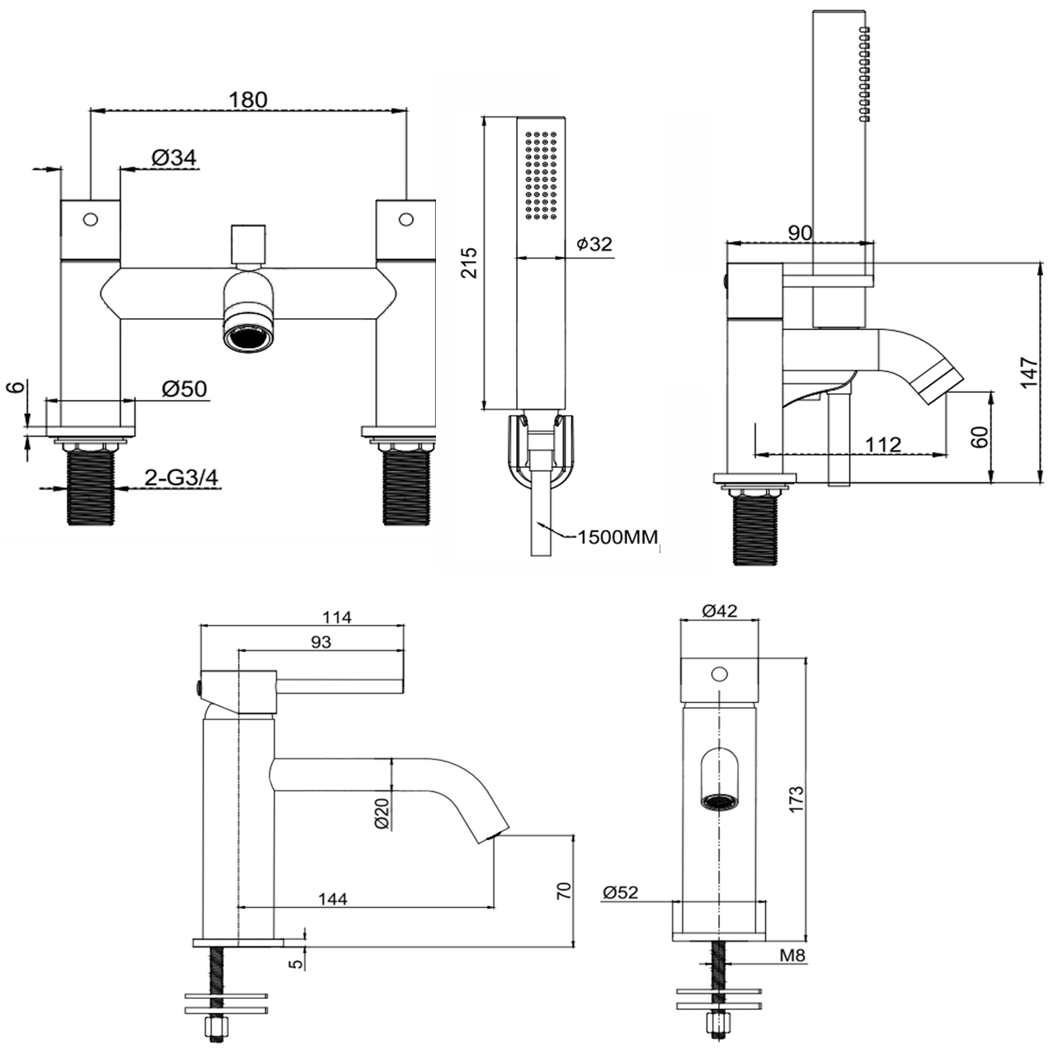 Harbour Clarity Matt Black Basin Mixer Tap and Bath Shower Mixer Tap with Shower Kit