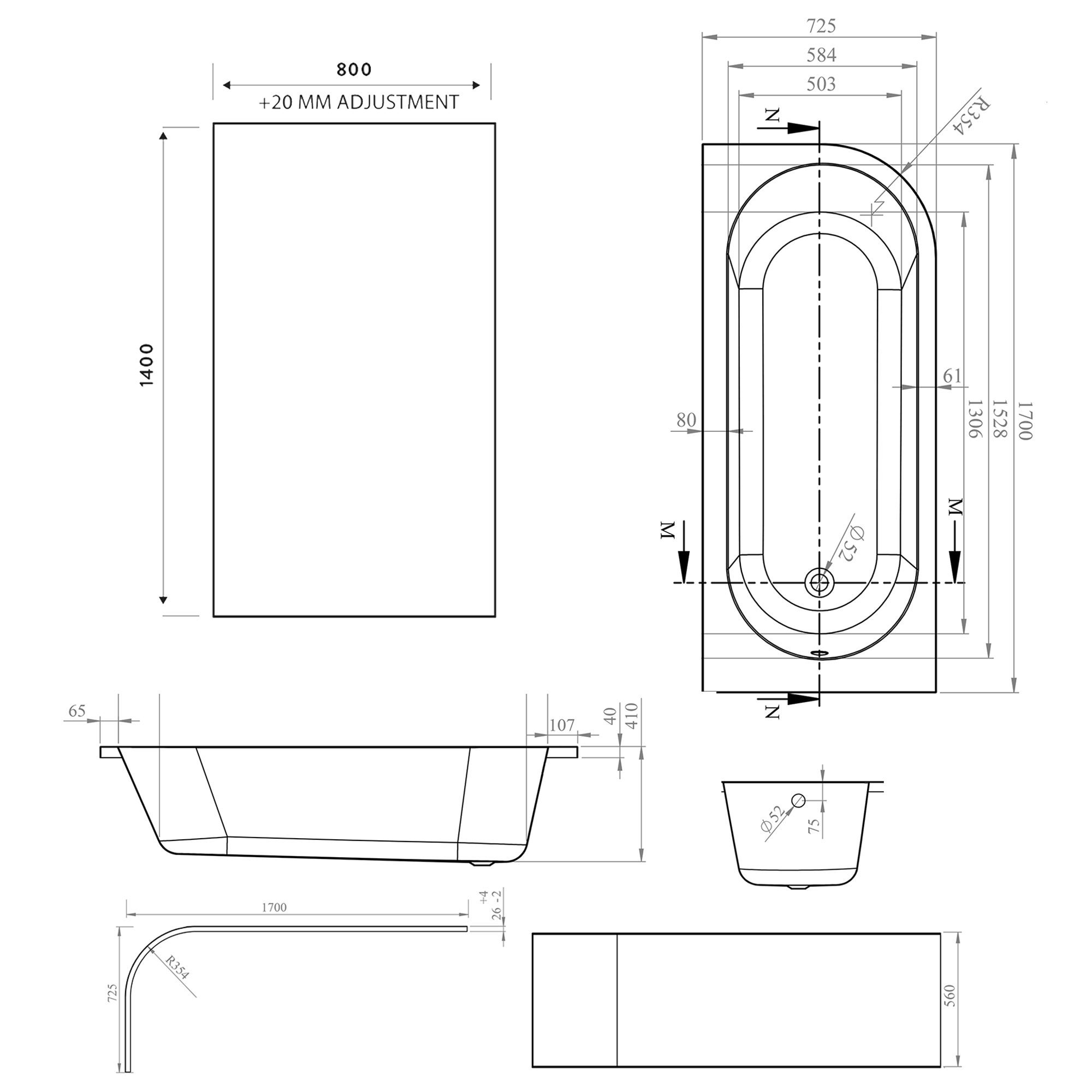 Armourcast Reinforced J Shaped Shower Bath with Panel & Shower Screen - 1700mm