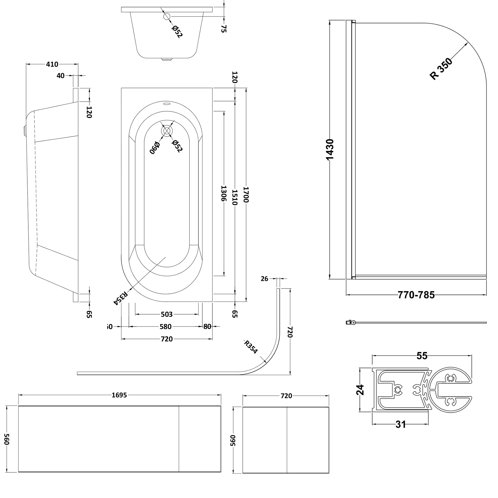 Drench J Shaped Shower Bath with Panel & Shower Screen