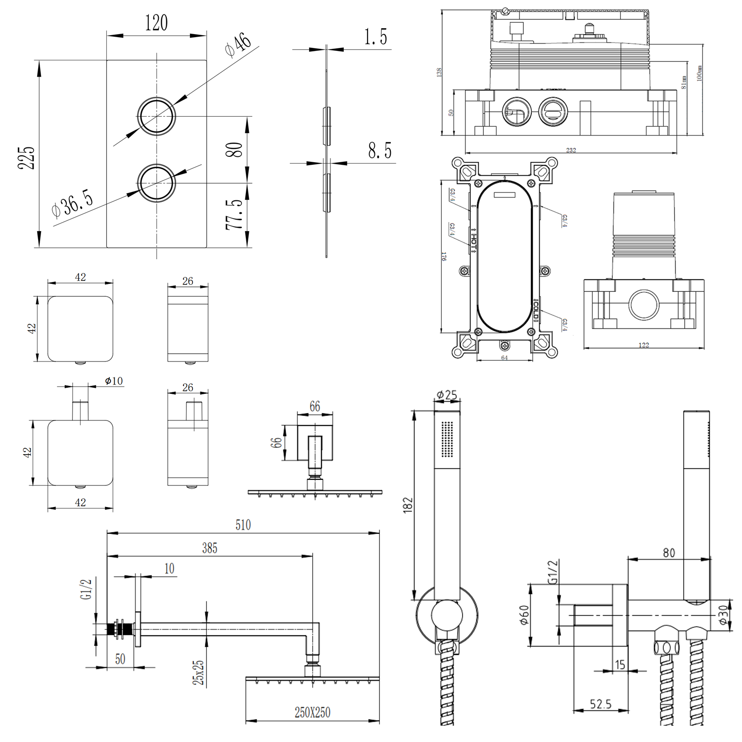 Core Portrait Shower Package with 2 Outlet Valve, Fixed Wall Mounted Square Shower Head & Shower Wall Kit