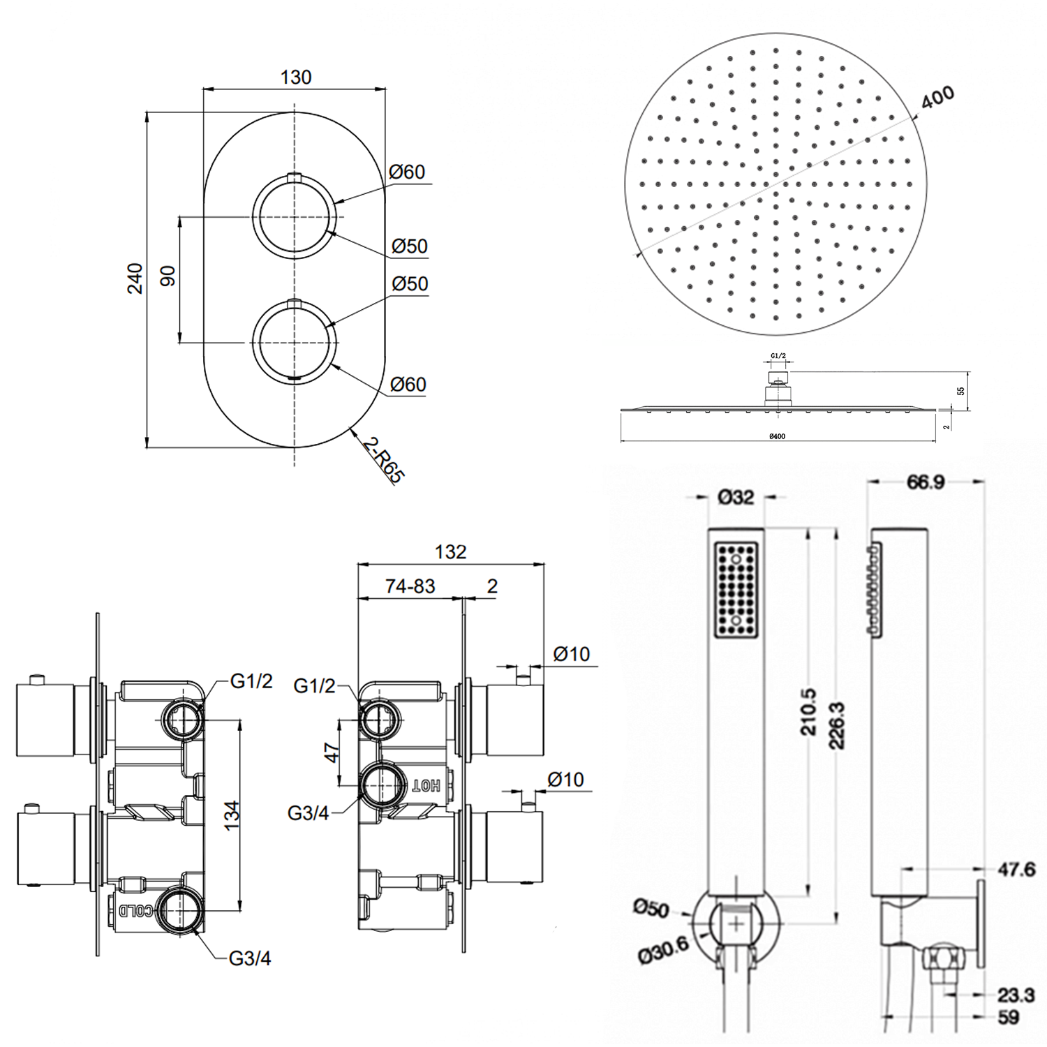 Adele Concealed Shower Valve, Fixed Head & Shower Handset