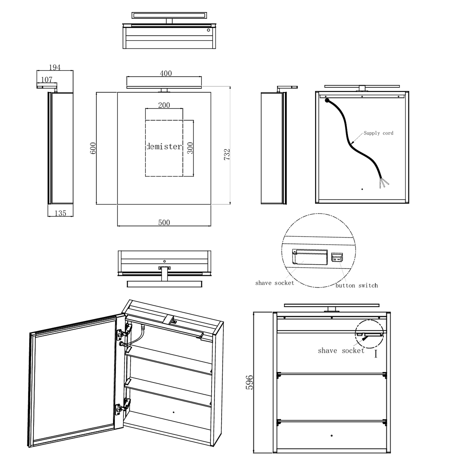 Harbour Grace LED Mirror Cabinet with Demister Pad & Shaver Socket - 500 x 600mm