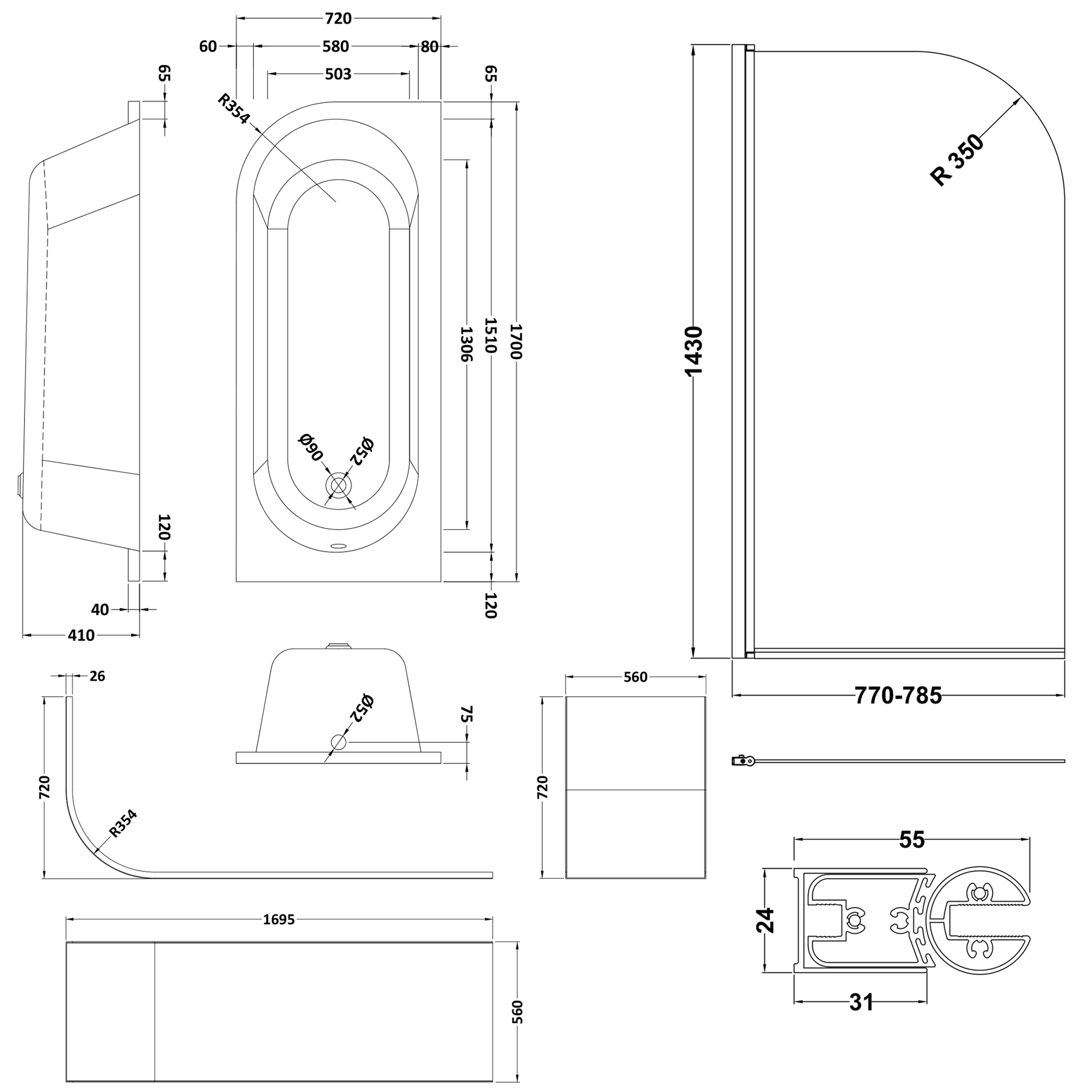 Drench J Shaped Shower Bath with Panel & Shower Screen