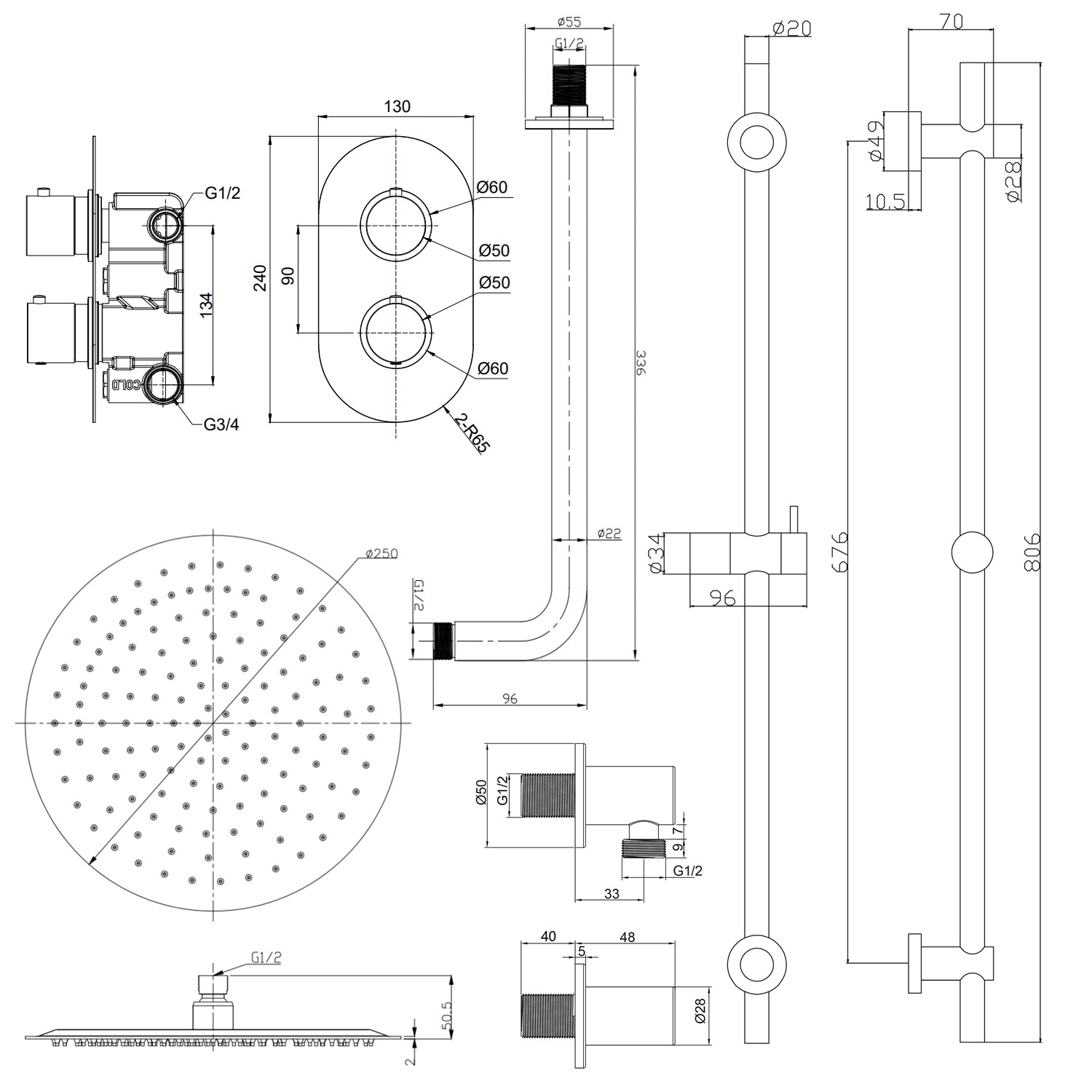 Harbour Clarity Brushed Brass Shower Package with 2 Outlet Valve, Fixed Head & Arm and Slide Rail Shower Kit