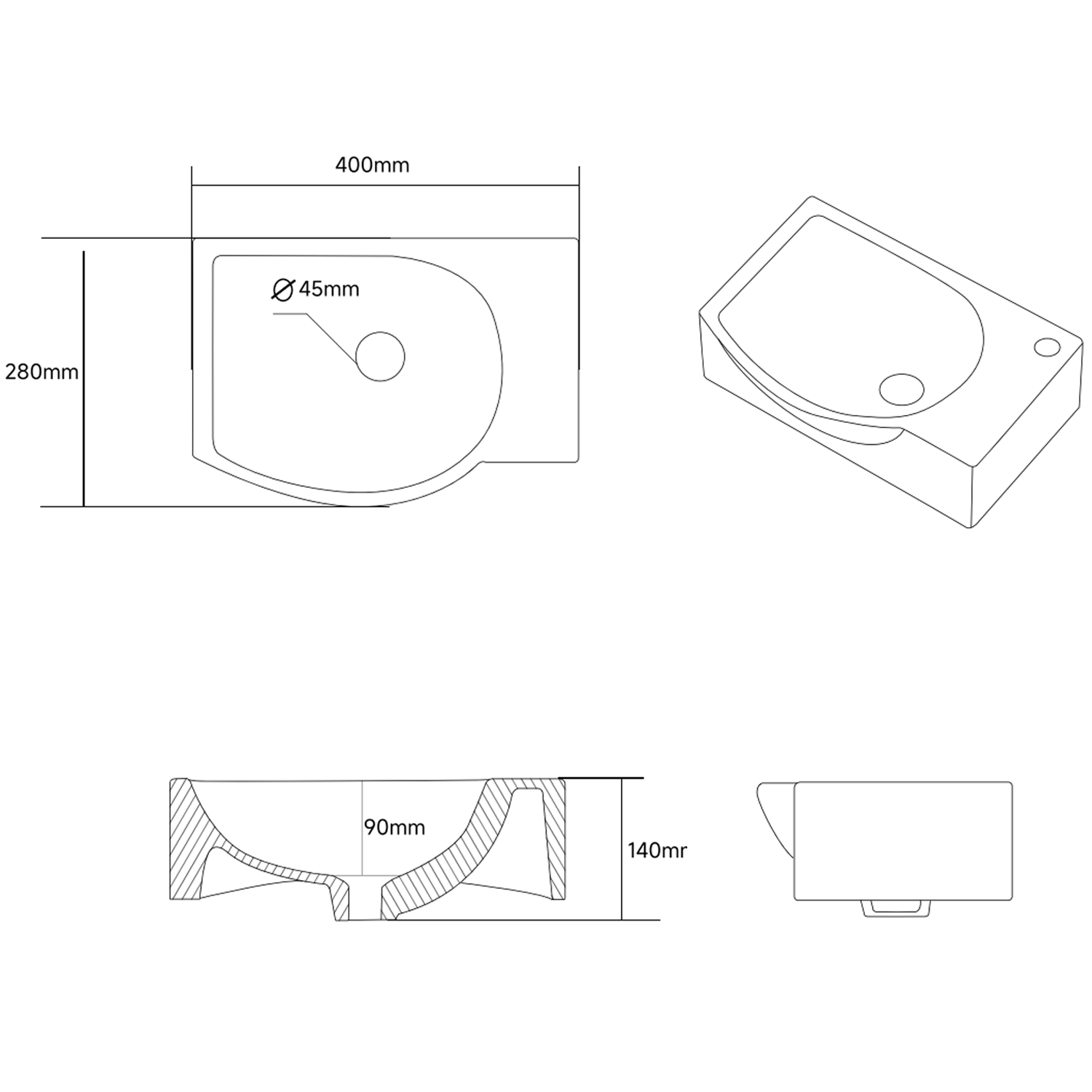 Max Wall Hung Cloakroom Basin with Extended Bowl - 400 x 280mm