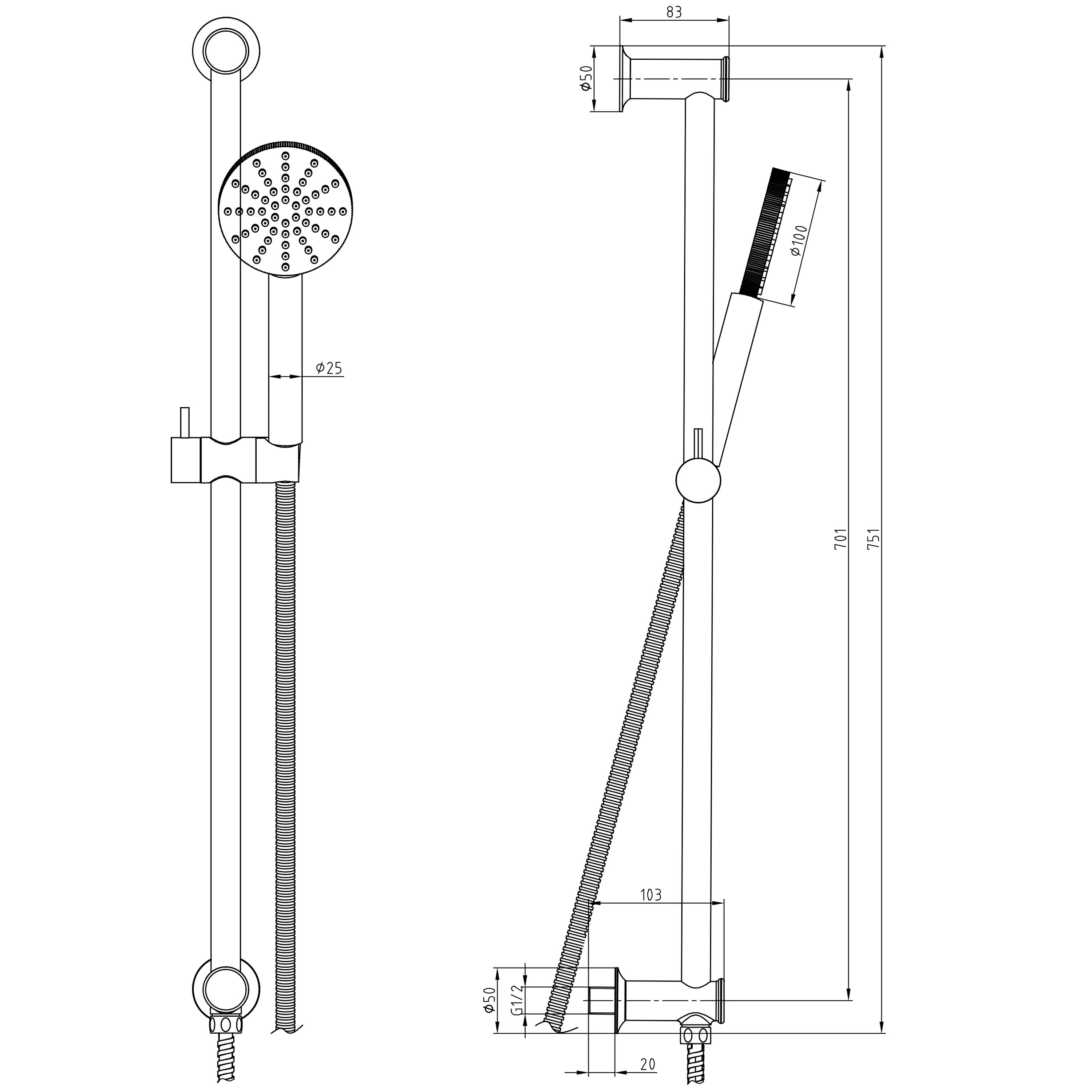 Core Fluted Slide Rail Shower Kit, Shower Handset & Hose with Integrated Elbow