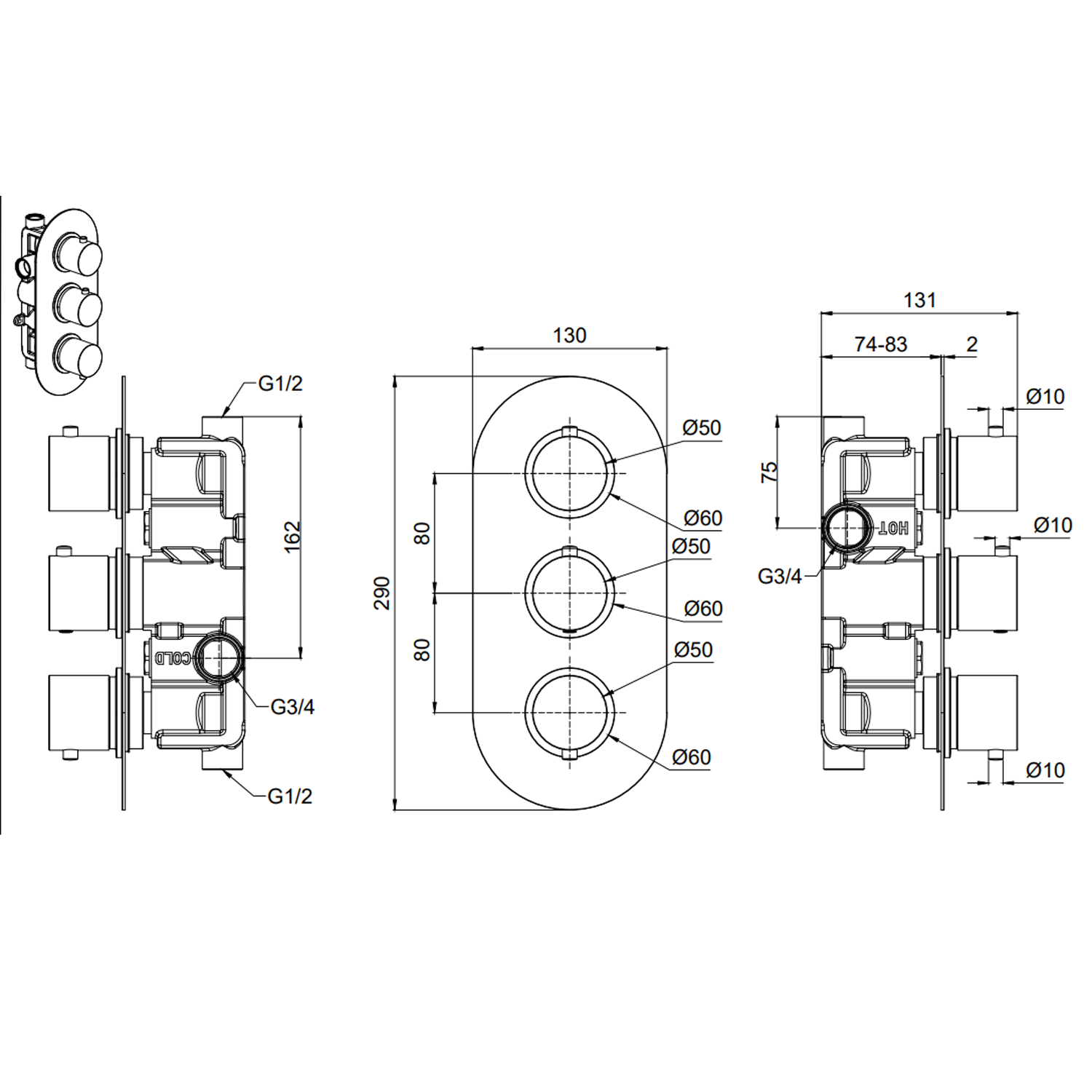 Harbour Clarity Brushed Brass 2 Outlet Thermostatic Concealed Shower Valve (Three Handle)
