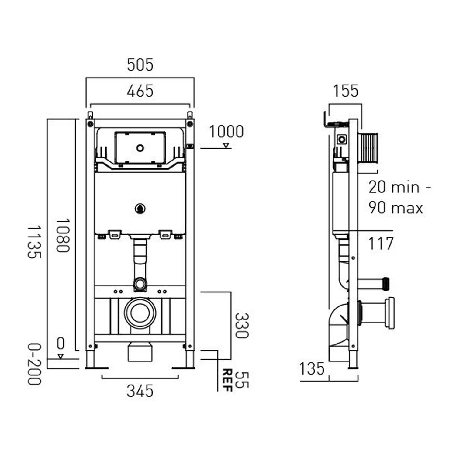 Vado 1135mm Frame & Cistern with Adjustable Height