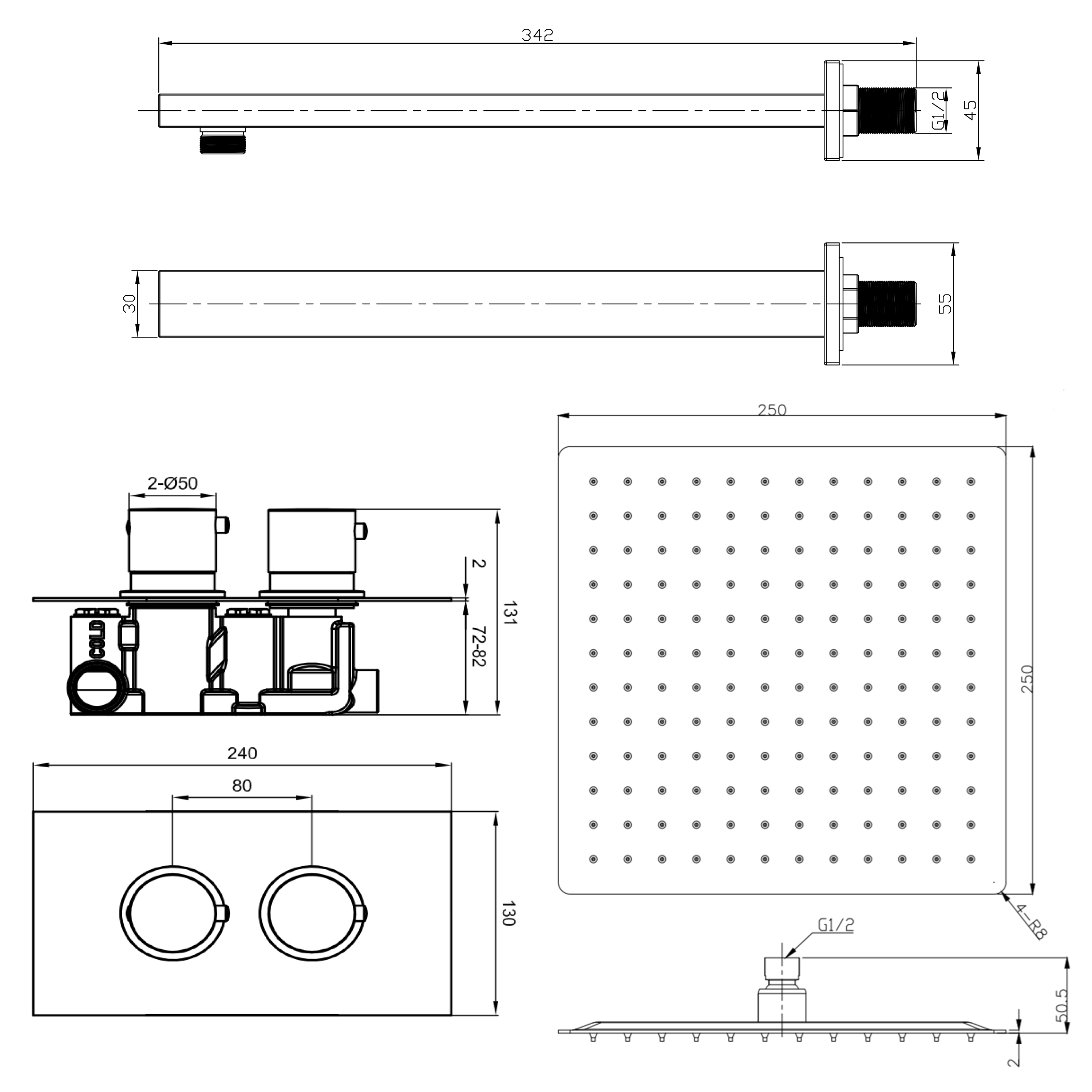 Harbour Status Brushed Brass Concealed Shower Valve, Fixed Shower Arm & Head