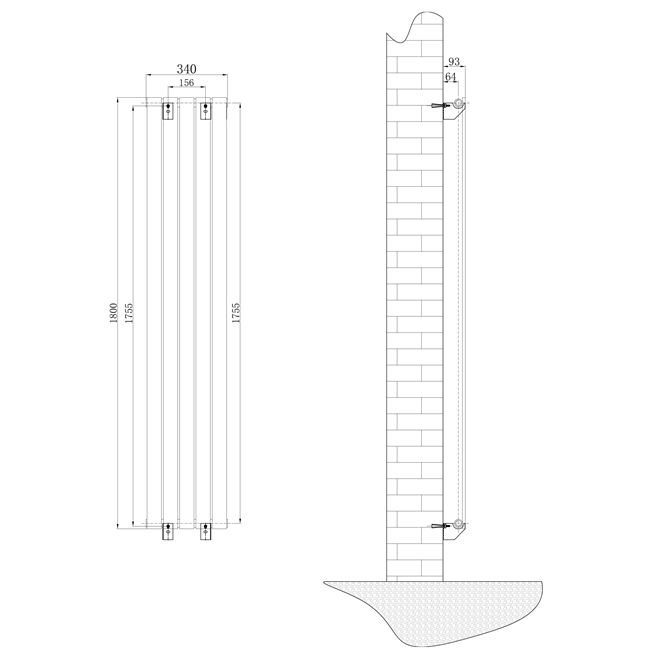 Brenton Flat Single Panel Vertical Radiator - 1800 x 340mm - White