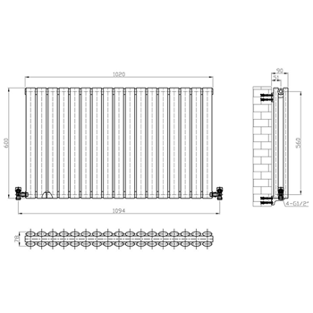 Brenton Oval Double Panel Horizontal Radiator - 600 x 1020mm