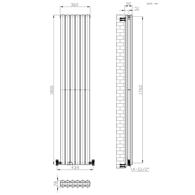 Brenton Oval Tube Double Panel Vertical Radiator - Anthracite - 1800 x 360mm