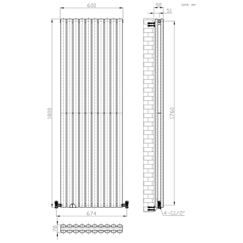 Brenton Oval Double Panel Vertical Radiator - Anthracite - 1800 x 590mm