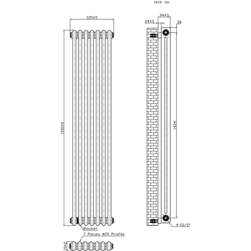Butler & Rose Designer 2 Column Vertical Radiator - Gloss White - 1500mm Tall