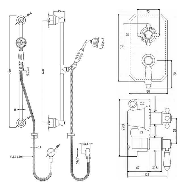 Butler & Rose Genevieve Concealed Thermostatic Shower Valve & Slide Rail Kit