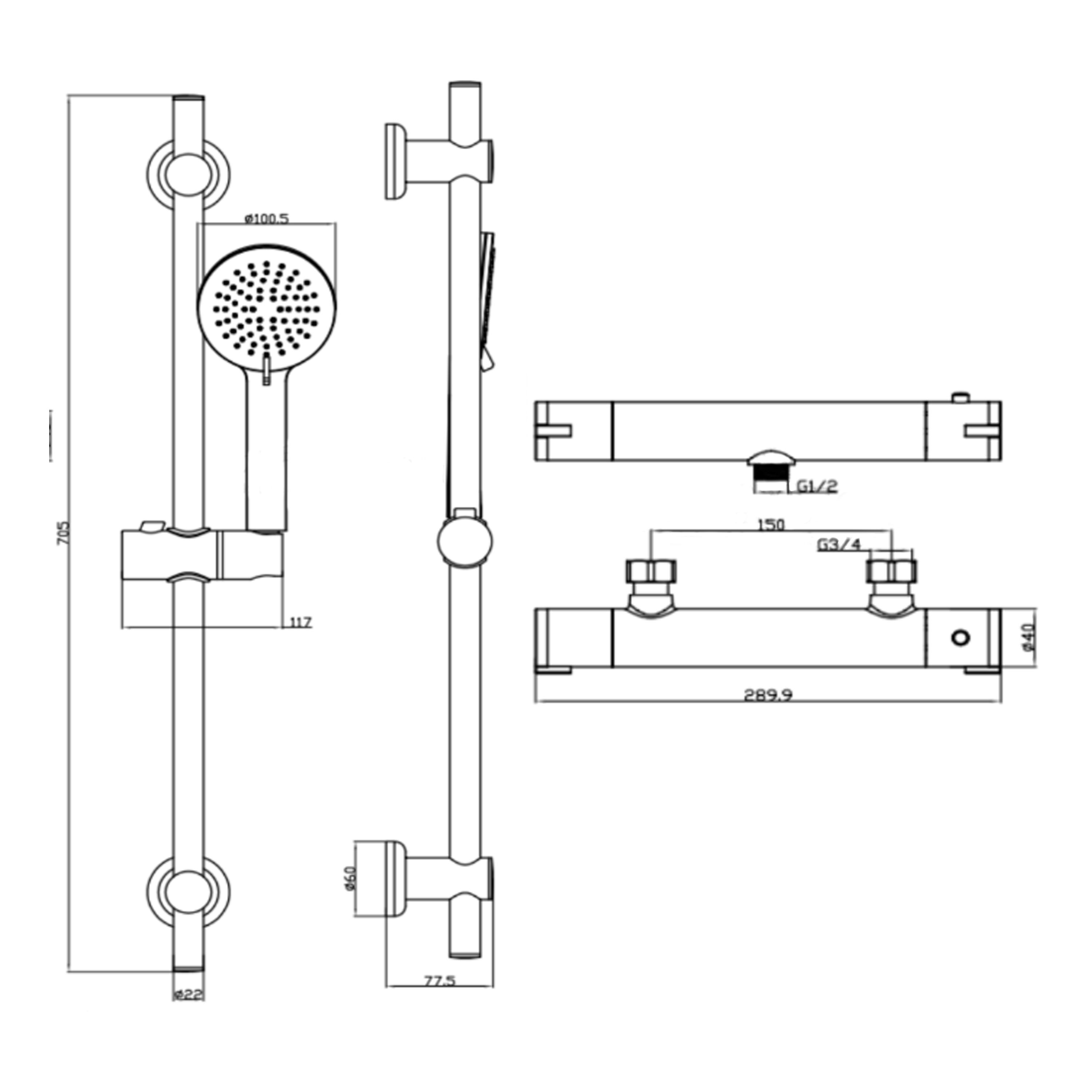 Harbour Clarity Brushed Brass Exposed Thermostatic Bar Shower Valve and Shower Rail Kit