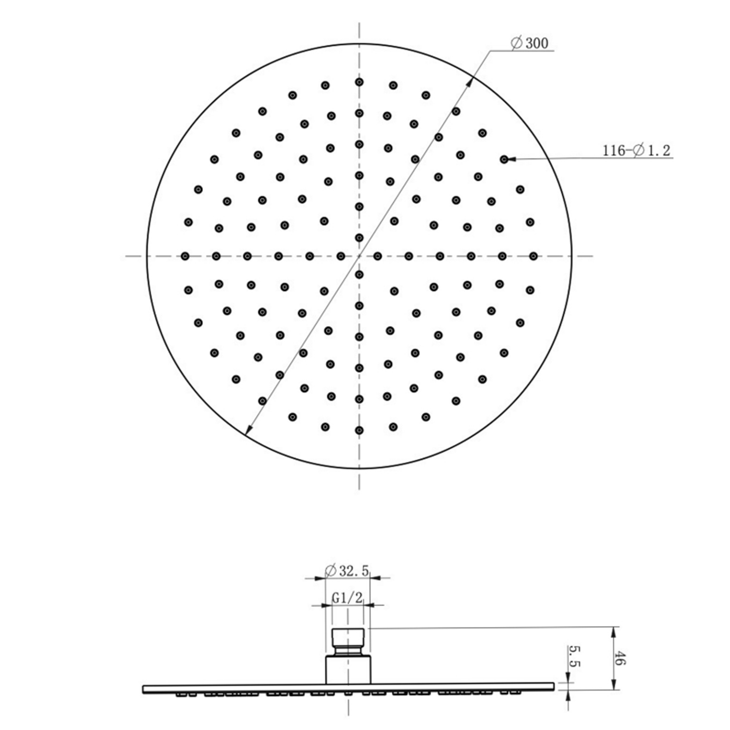 Inox Slim Round Overhead 300mm Fixed Shower Head - Brushed Stainless Steel