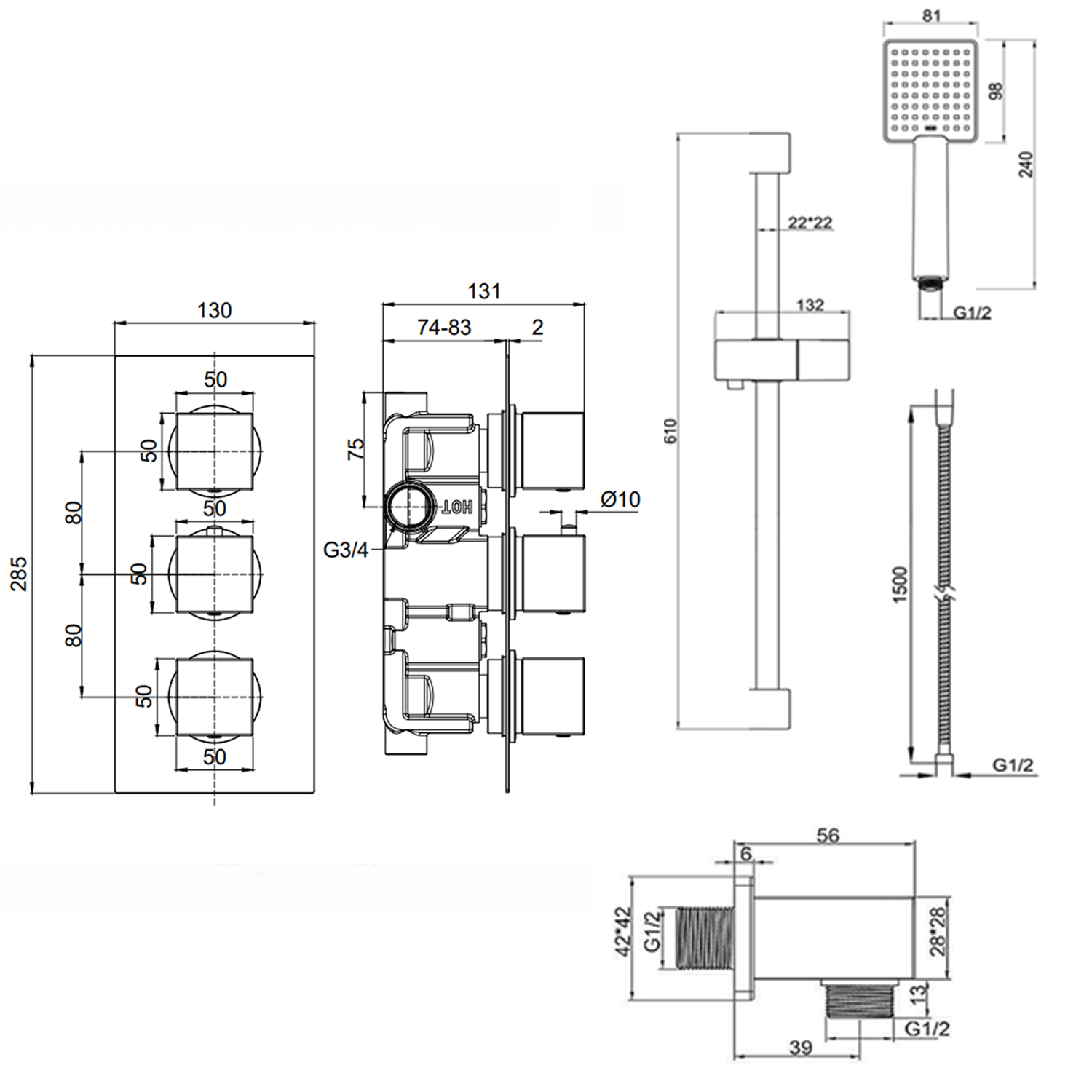 Harbour Status Matt Black Concealed Shower Valve, Shower Riser Rail Kit & Overflow Bath Filler