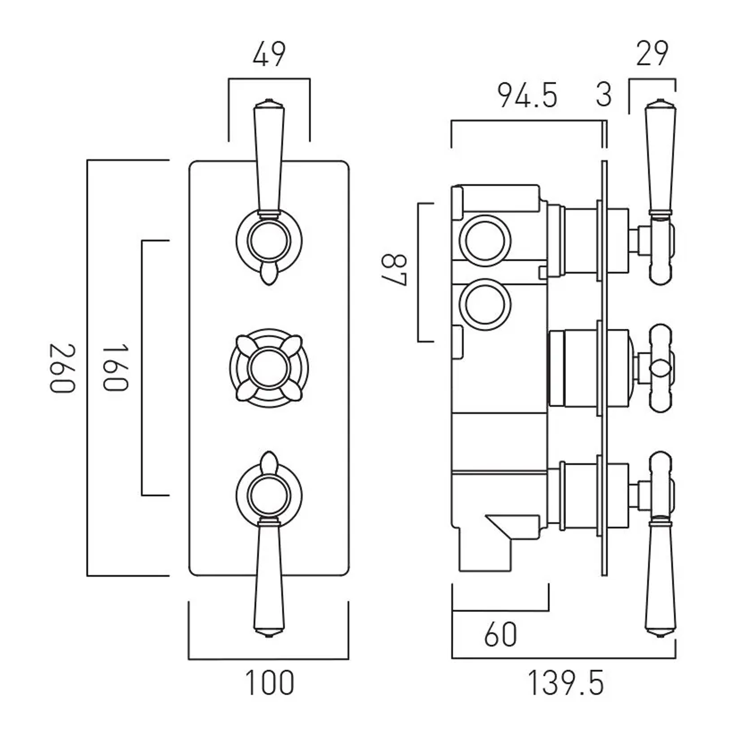 Booth & Co Axbridge Traditional 3 Outlet 3 Handle Concealed Thermostatic Shower Valve