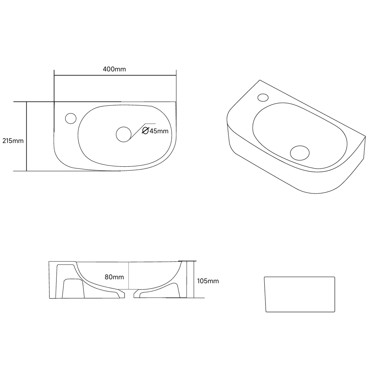 Billy Wall Hung Curved Cloakroom Basin - 400 x 215mm
