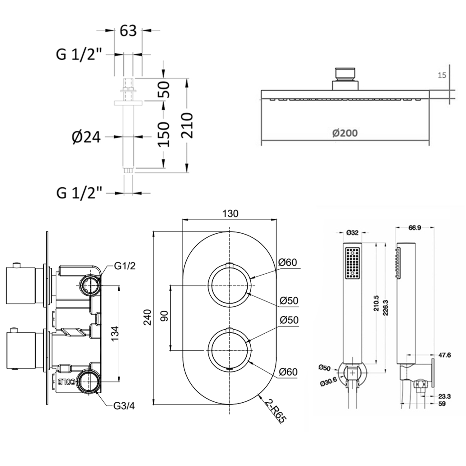 Harper Concealed Shower Valve, Fixed Shower Head & Handset
