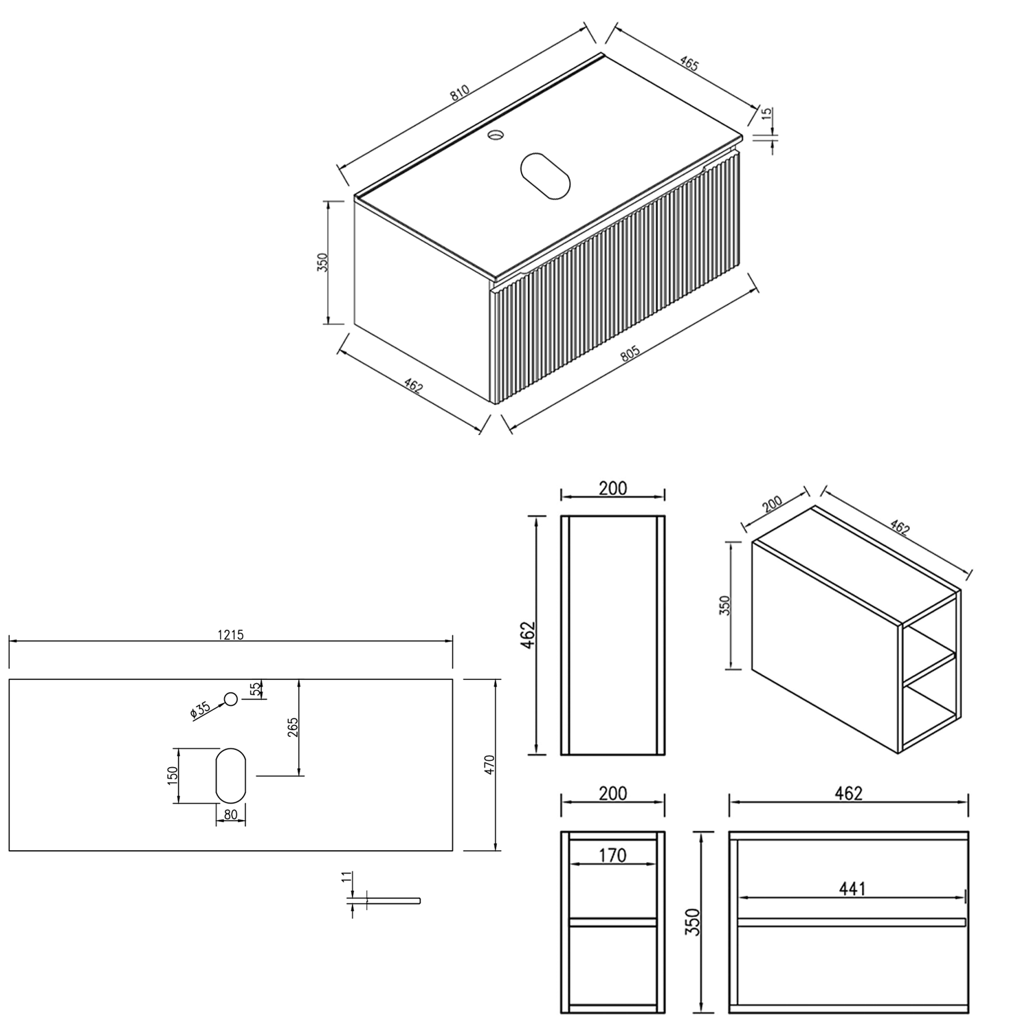 Drench Groove 1200mm Fluted Wall Hung Vanity Unit With Open Shelves & Sintered Stone Countertop