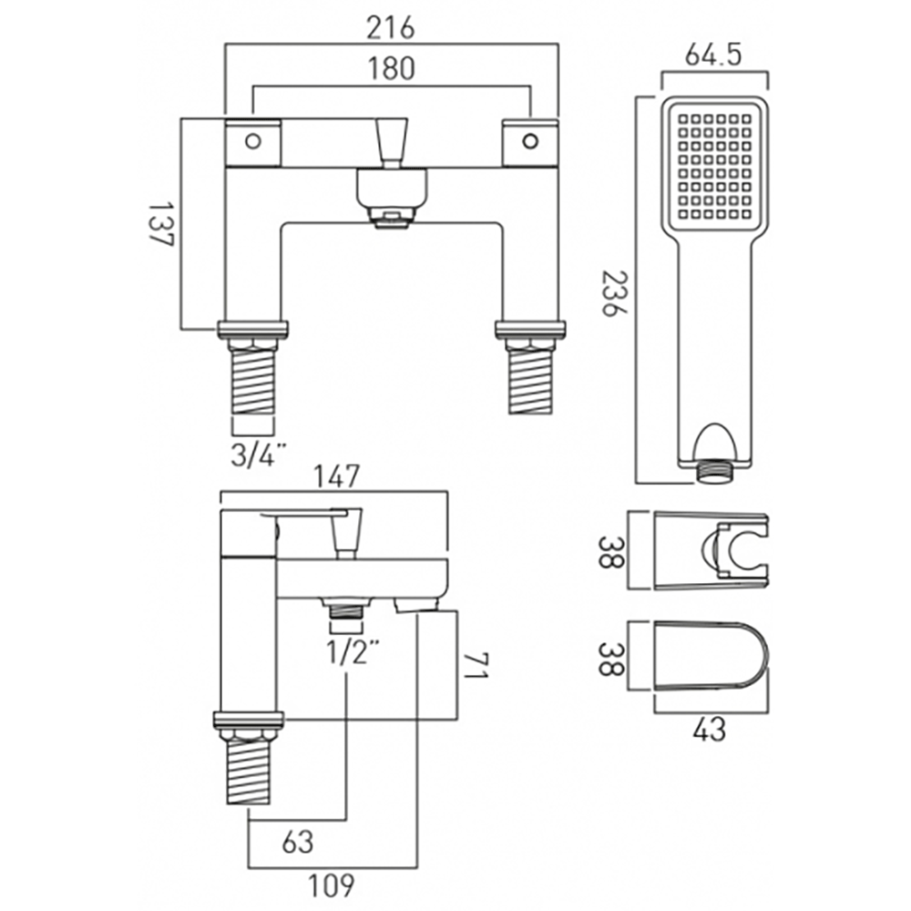Vado Phase 2 Hole Bath Shower Mixer with Shower Kit