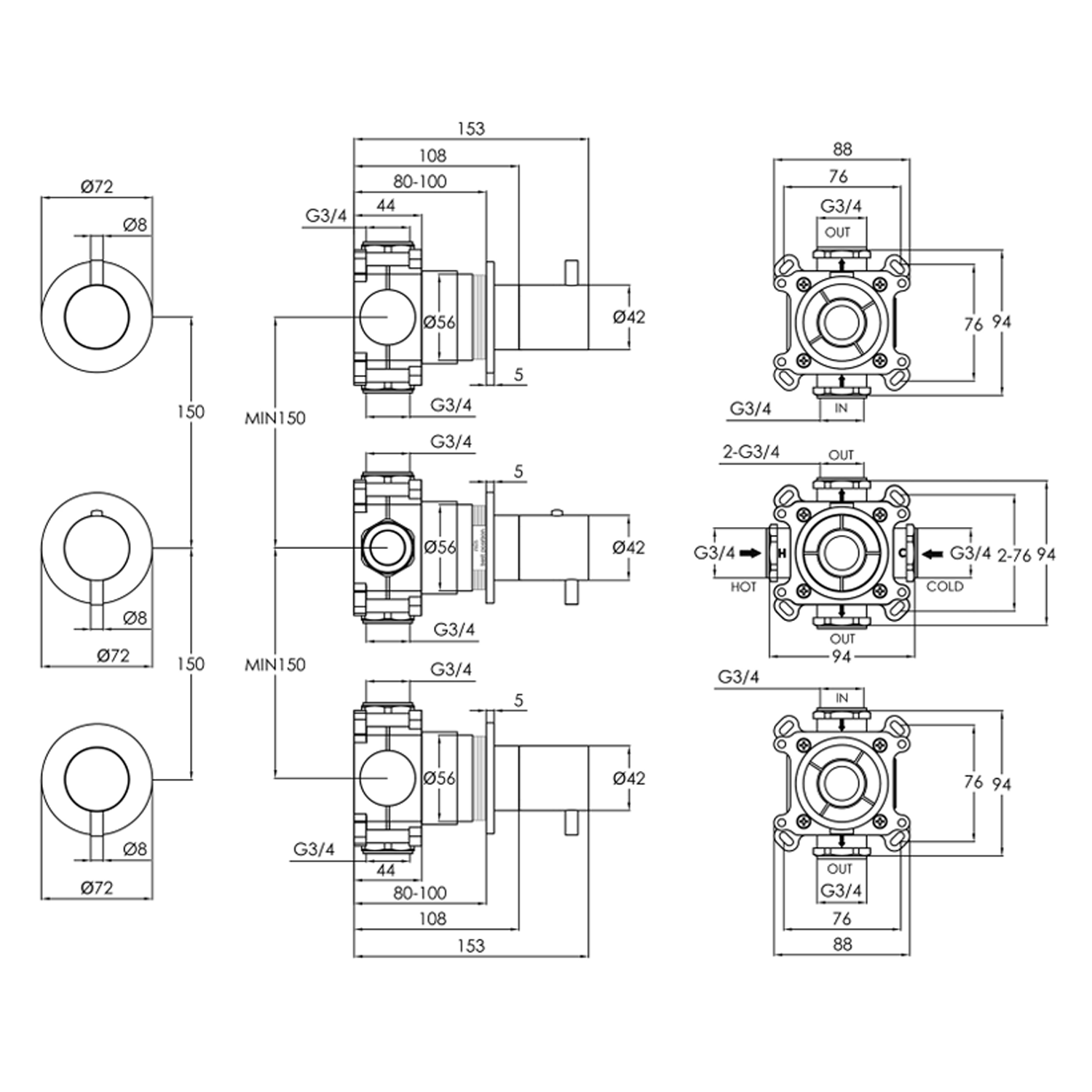 VOS Modular 2 Outlet Concealed Thermostatic Shower Valve - 3 Handles
