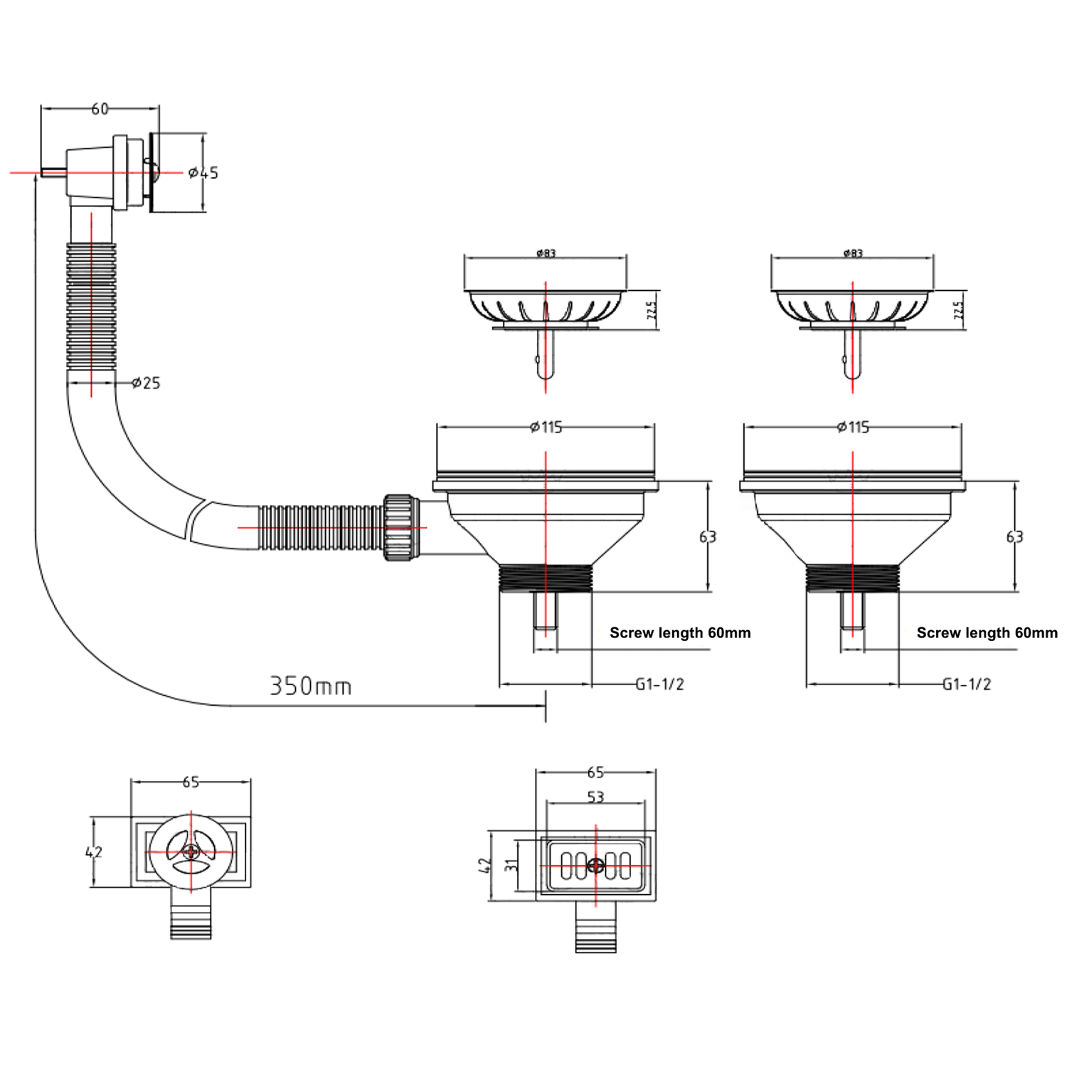 Butler & Rose 90mm Matt Black Basket Strainer Waste and Overflow Bundle for 1.5 & 2 Bowl Kitchen Sinks