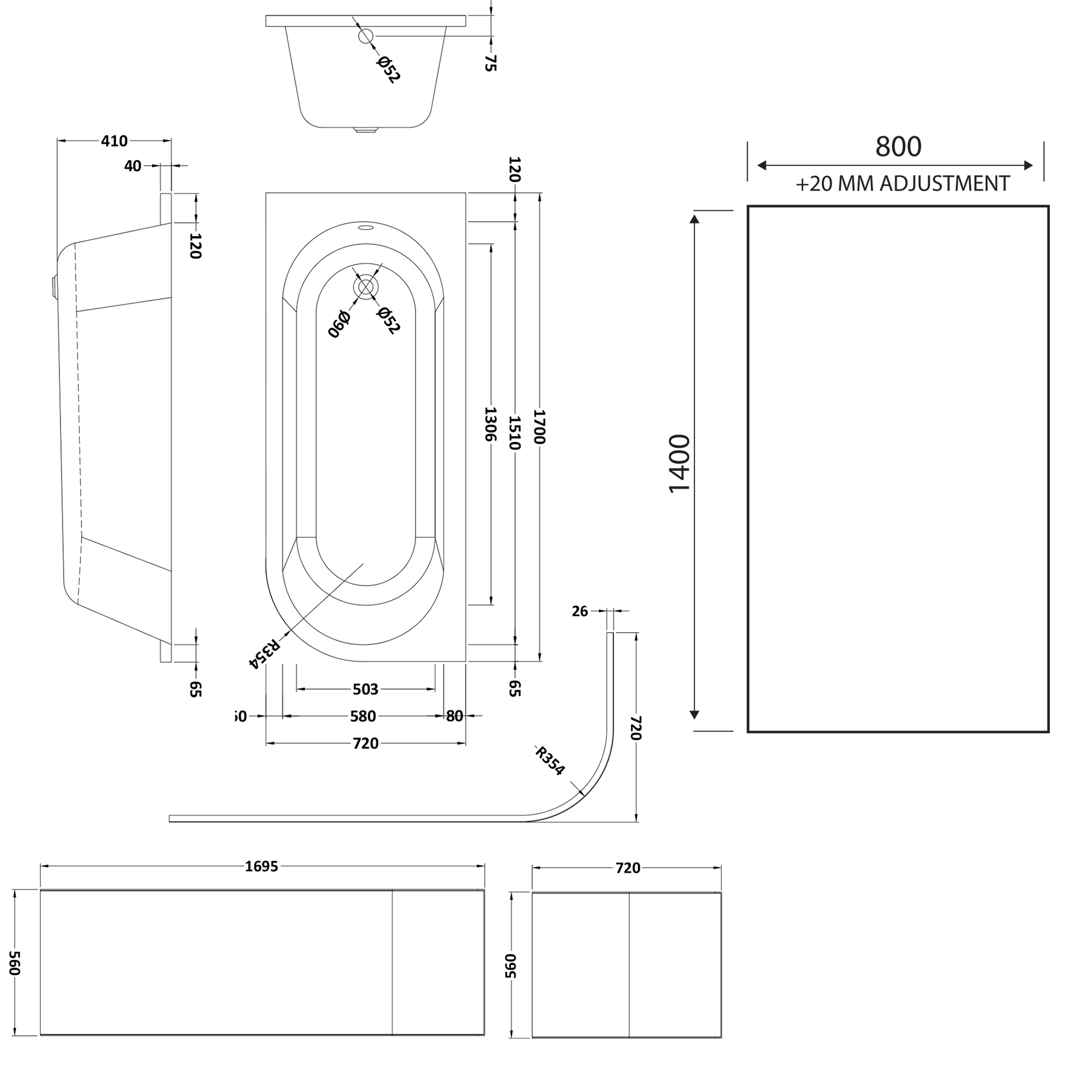 Drench J Shaped Shower Bath with Panel & Shower Screen
