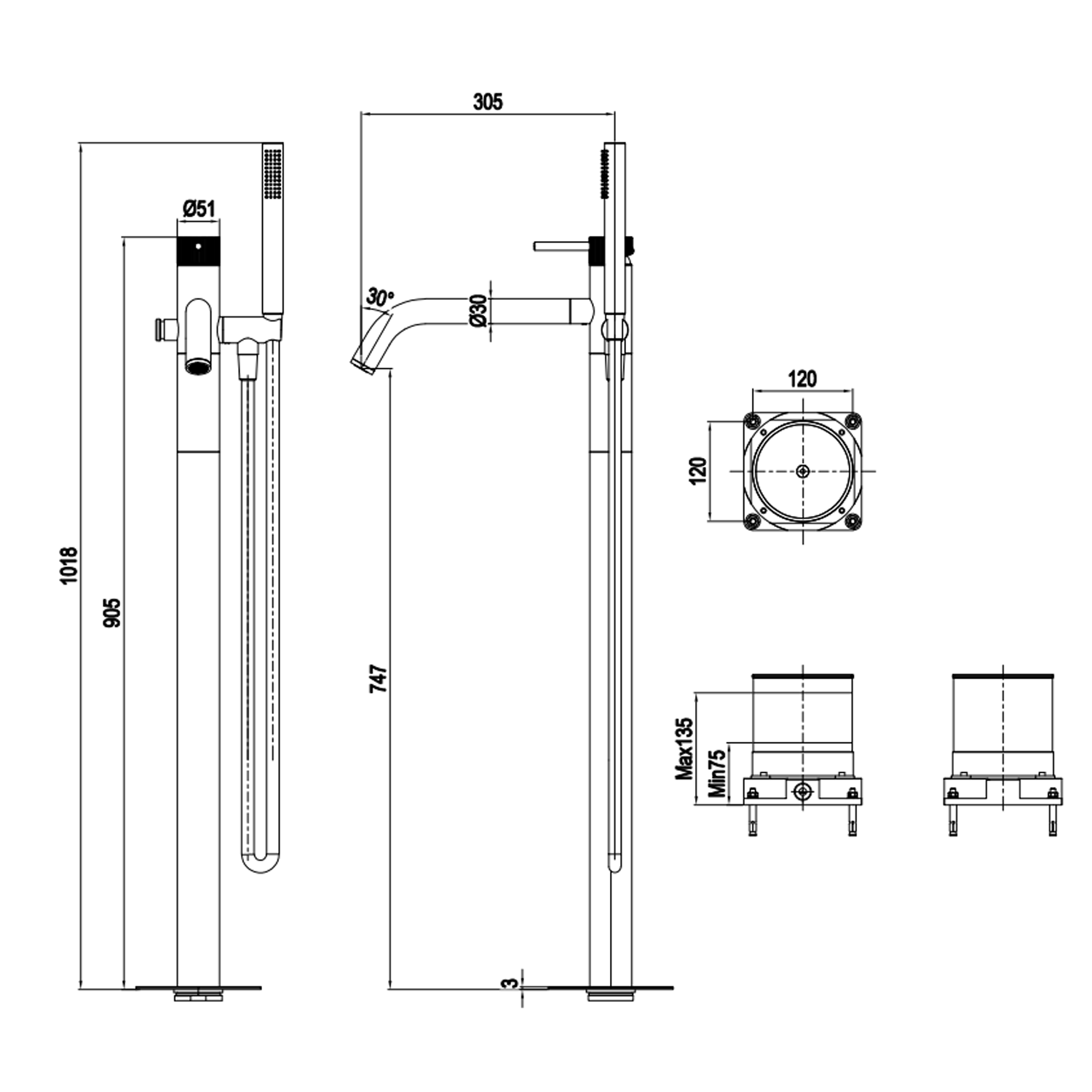Crosswater 3ONE6 Stainless Steel Floorstanding Bath Shower Mixer Tap