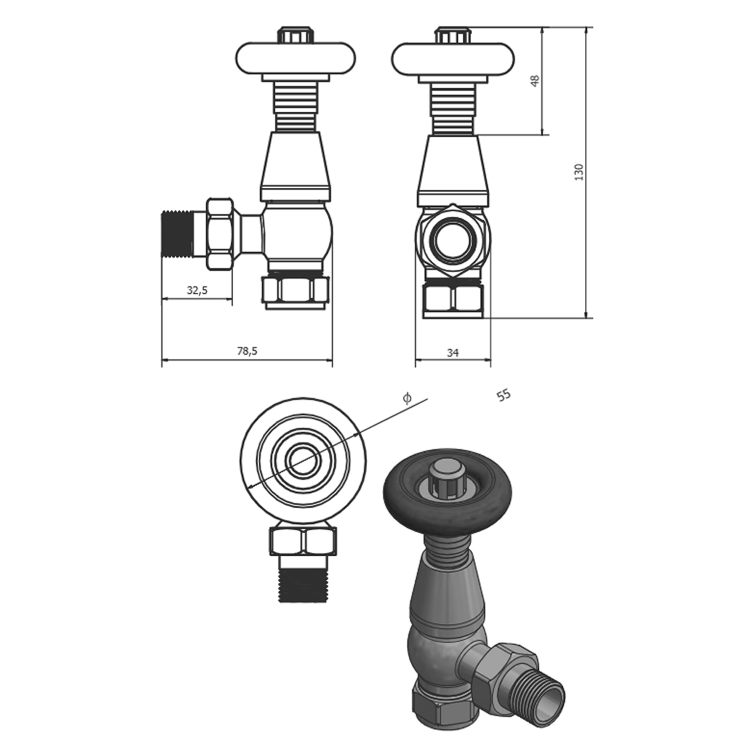 Toasty Chelsea Pewter Angled Thermostatic Radiator Valve