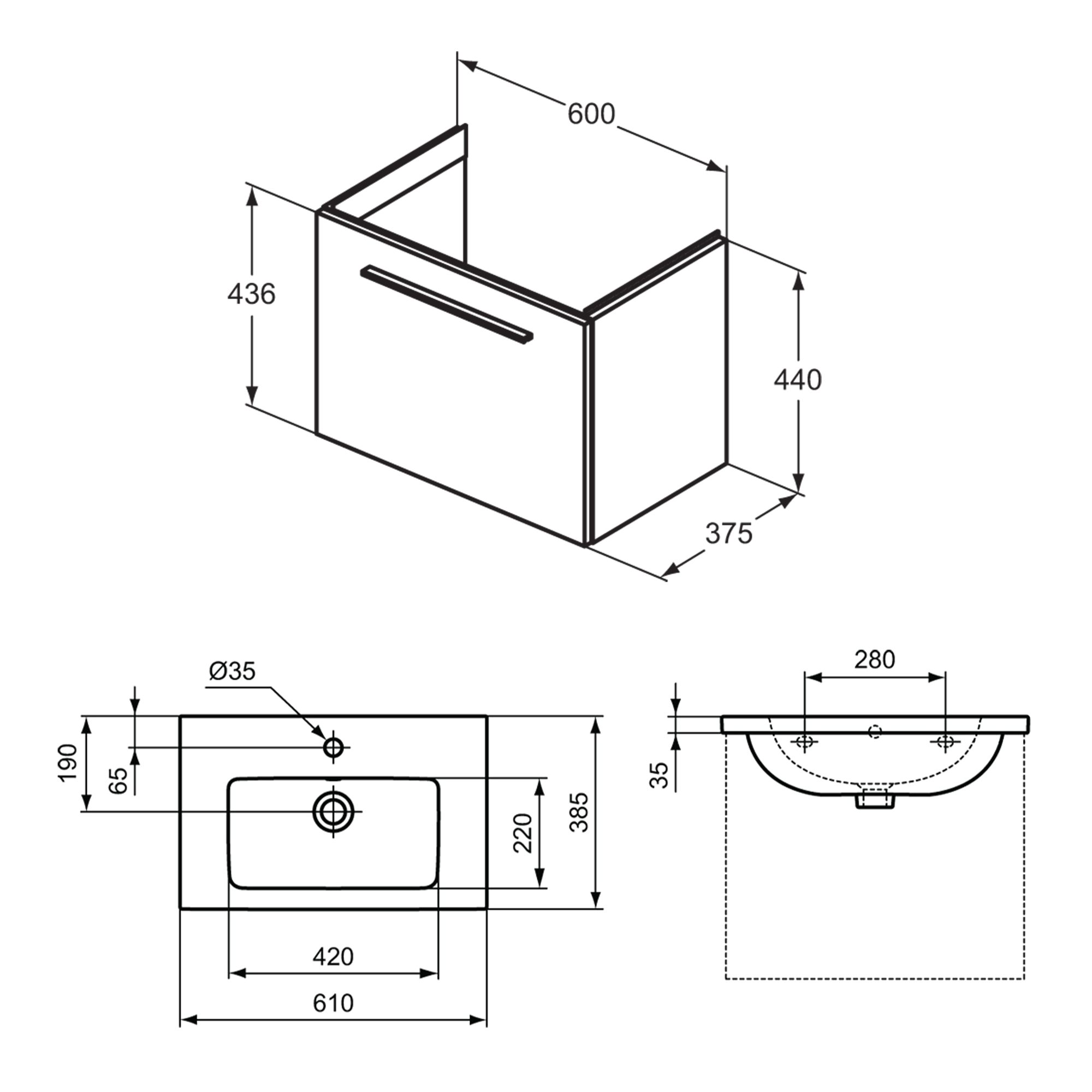 Ideal Standard i.life S 600mm Wall Mounted 1 Drawer Compact Vanity Unit & Basin