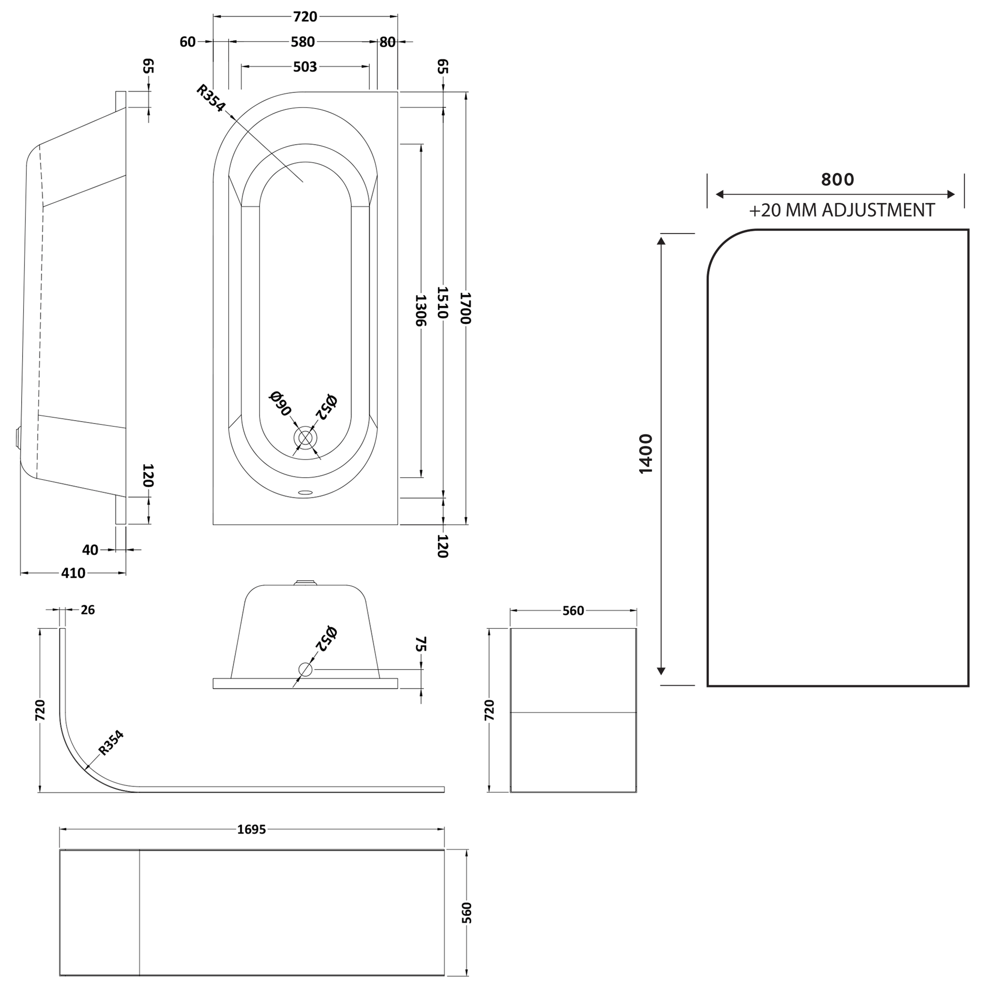 Drench J Shaped Shower Bath with Panel & Shower Screen