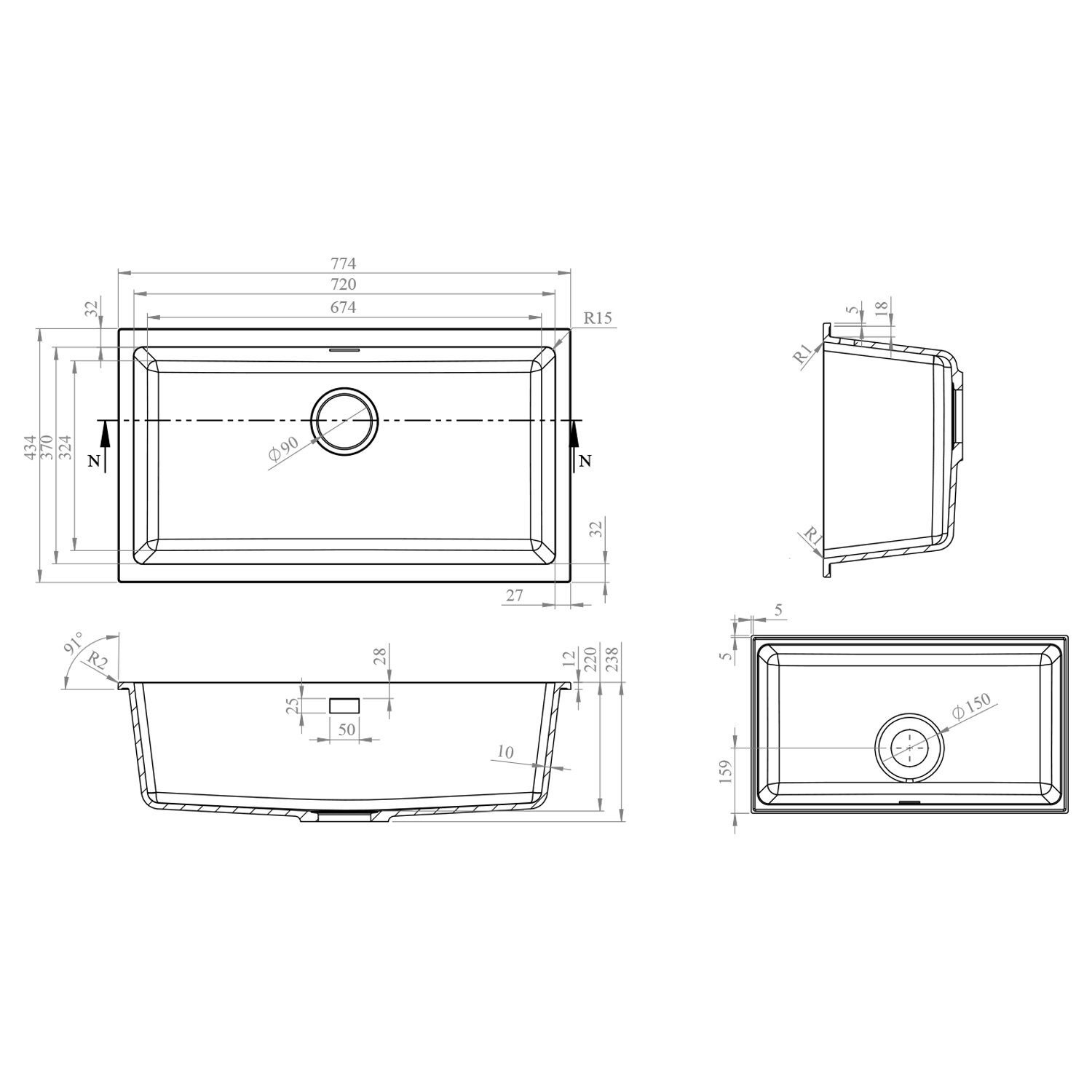 Vellamo Terra XL 1 Bowl Granite Composite Inset / Undermount Kitchen Sink & Waste - 774 x 434mm
