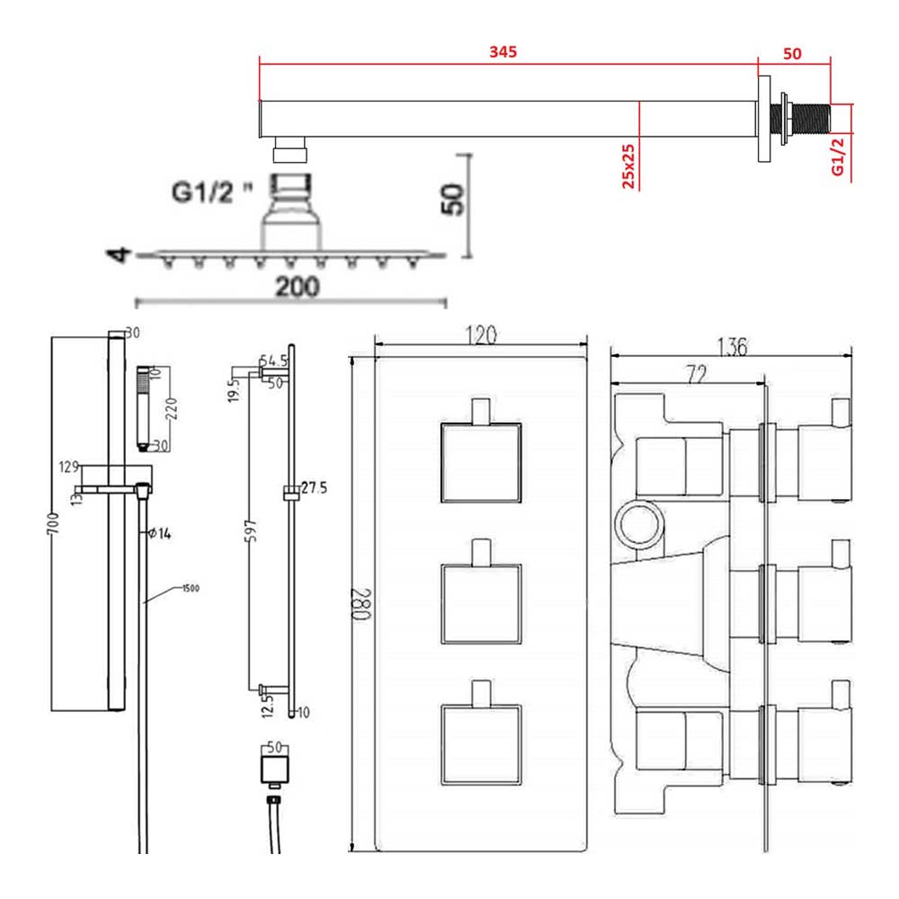 Drench Elijah Concealed Shower Valve with Fixed Head, Slide Rail Kit & Overflow Bath Filler