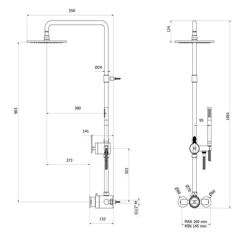 Crosswater Union WRAS Approved Multifunction Thermostatic Shower Kit with Valve, Rigid Riser & Shower Handset - Matt Black