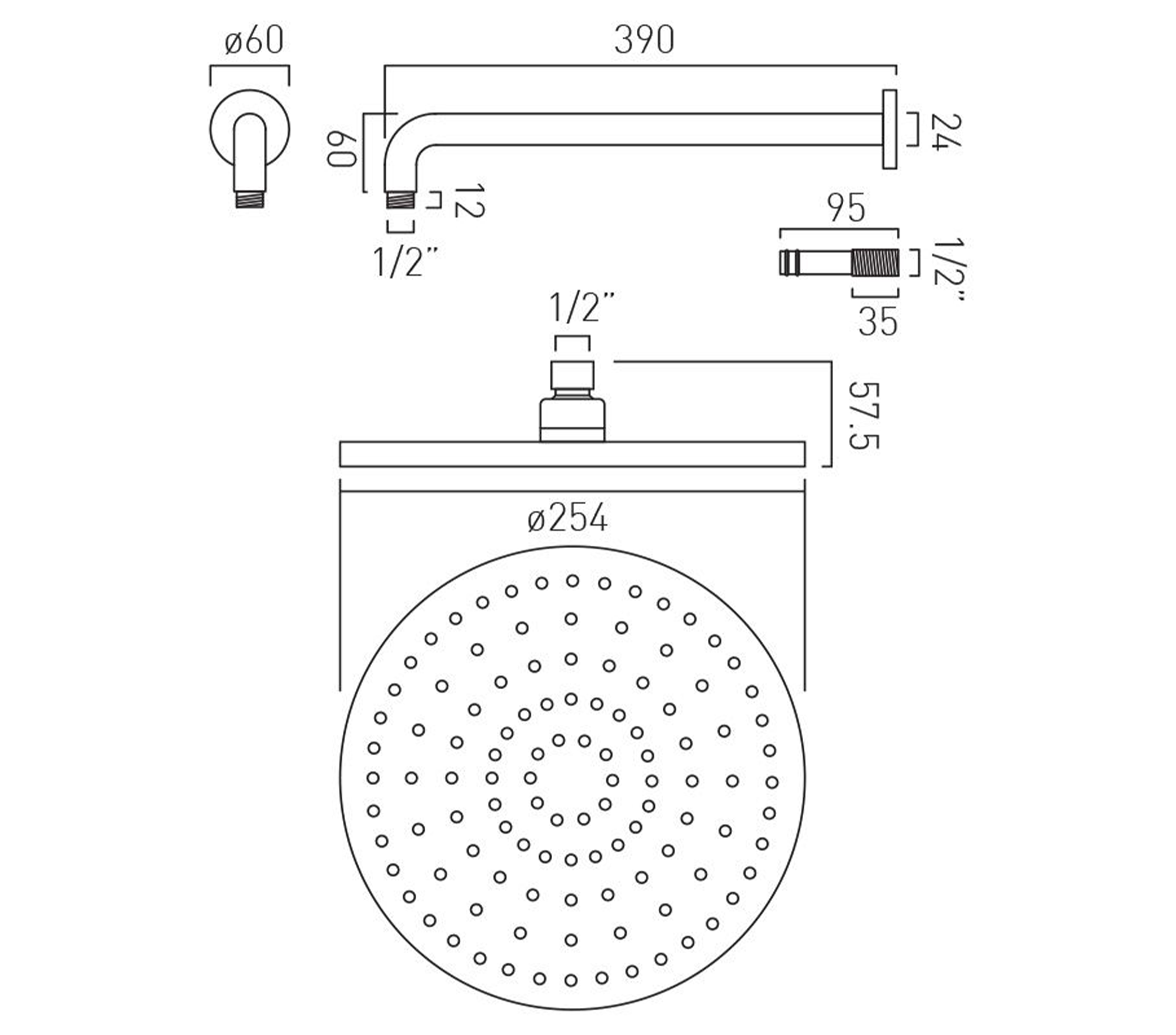 Vado Saturn Single Function Fixed Disc Shower Head 254mm with Arm