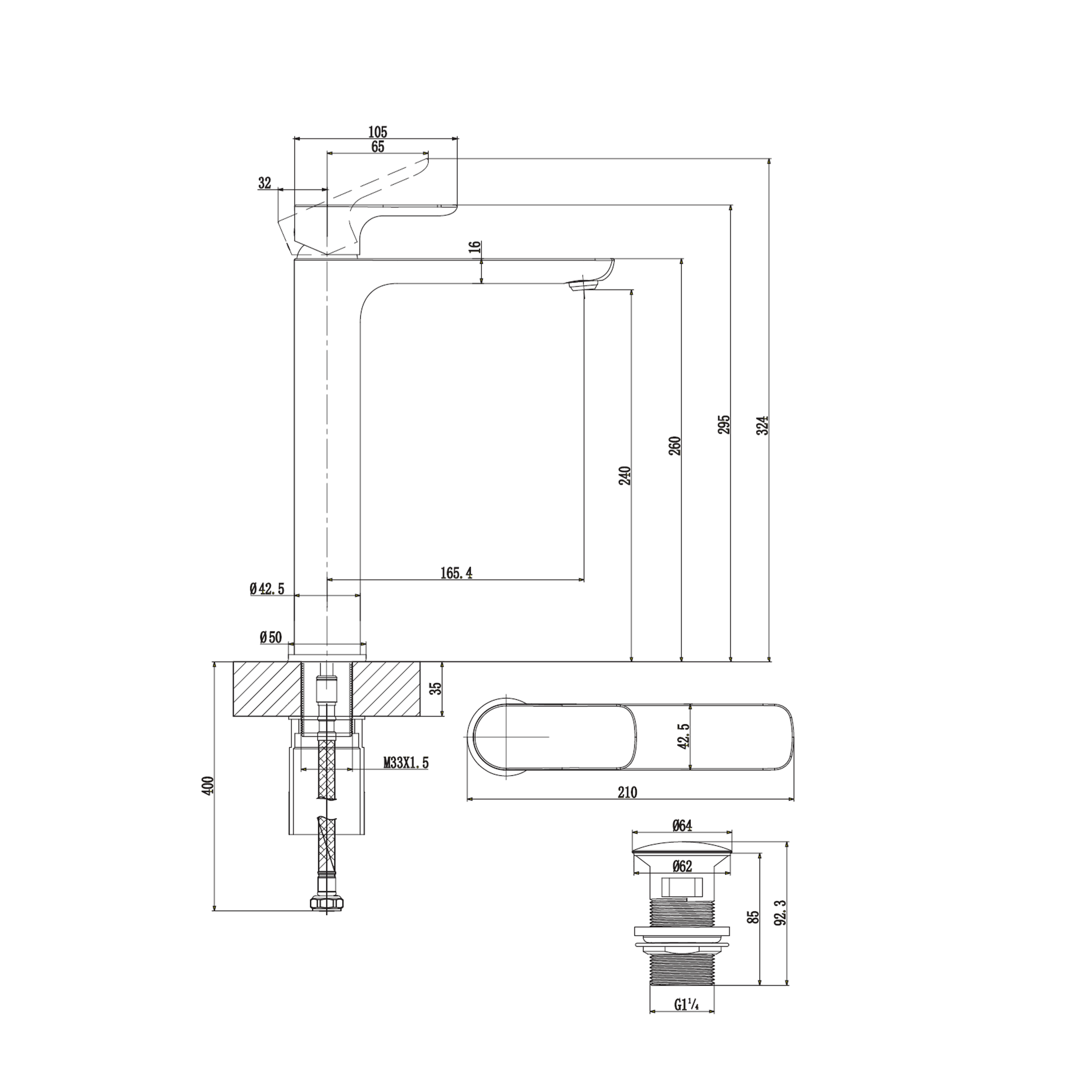 Villeroy & Boch O.novo Tall Basin Mixer Tap with Click Clack Waste